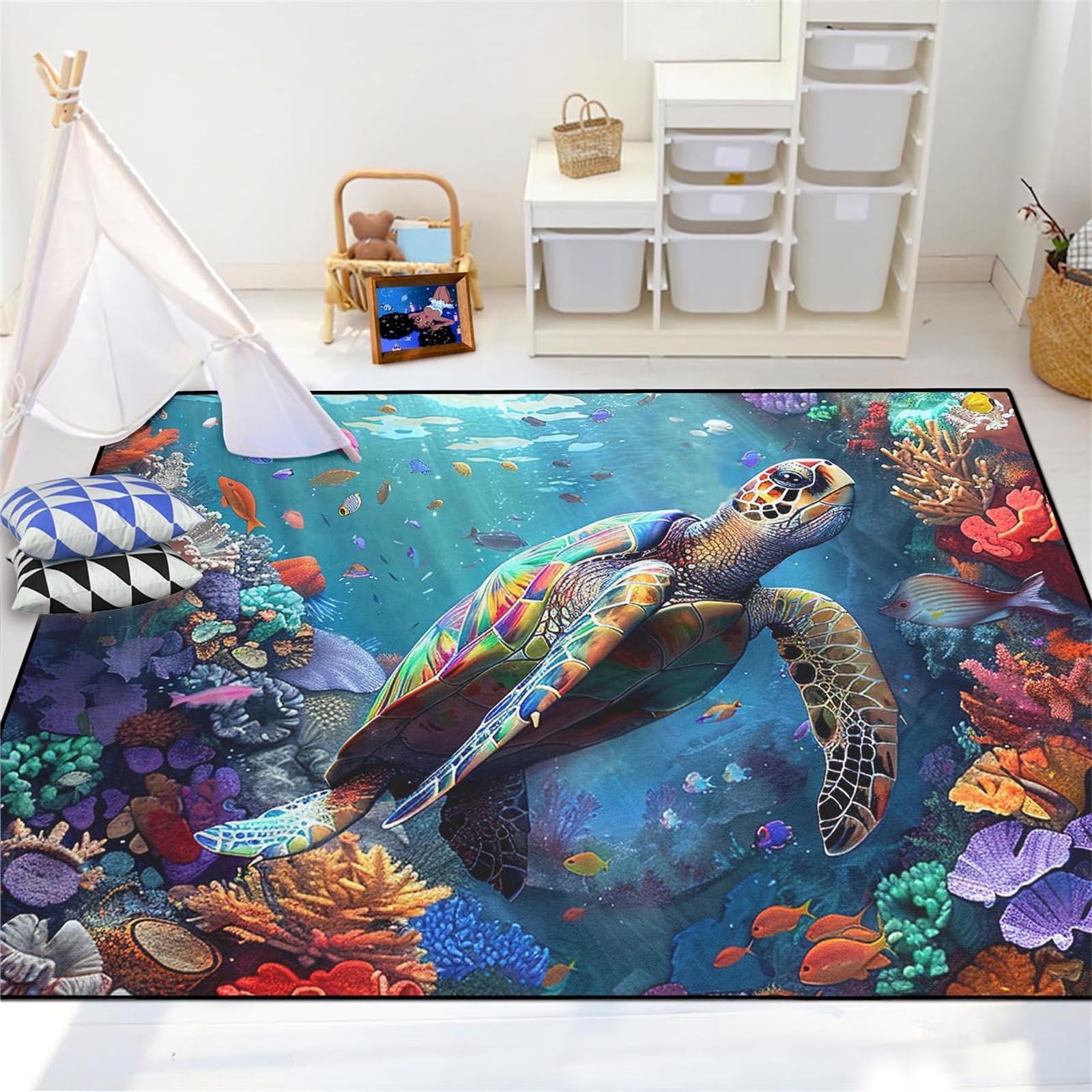 Sea Turtle Rug - Sea Turtle Rugs for Bedroom Blue Turtle Coral Printted Mat Sea Animal Underwater Carpet Sea Turtle Carpet for Kids Bedroom Living