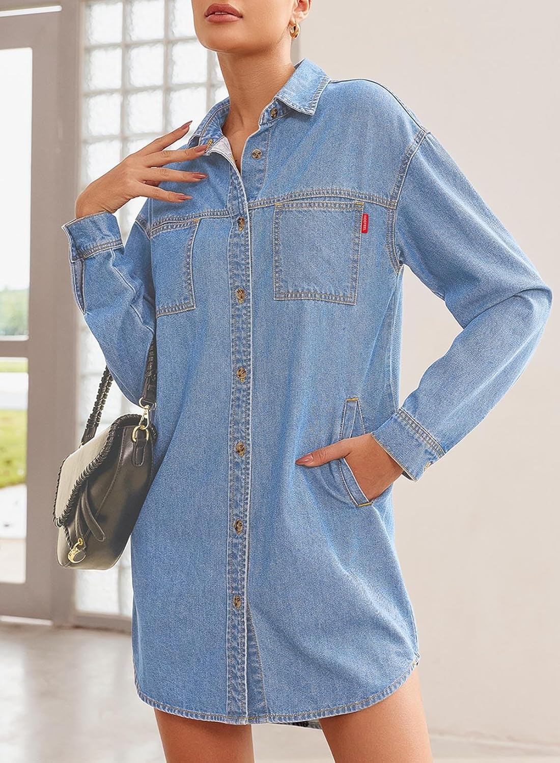 Sidefeel Women's Collared Denim Dress Casual Long Sleeve Button Down Jean Shirt Dresses with Pockets - Image 5