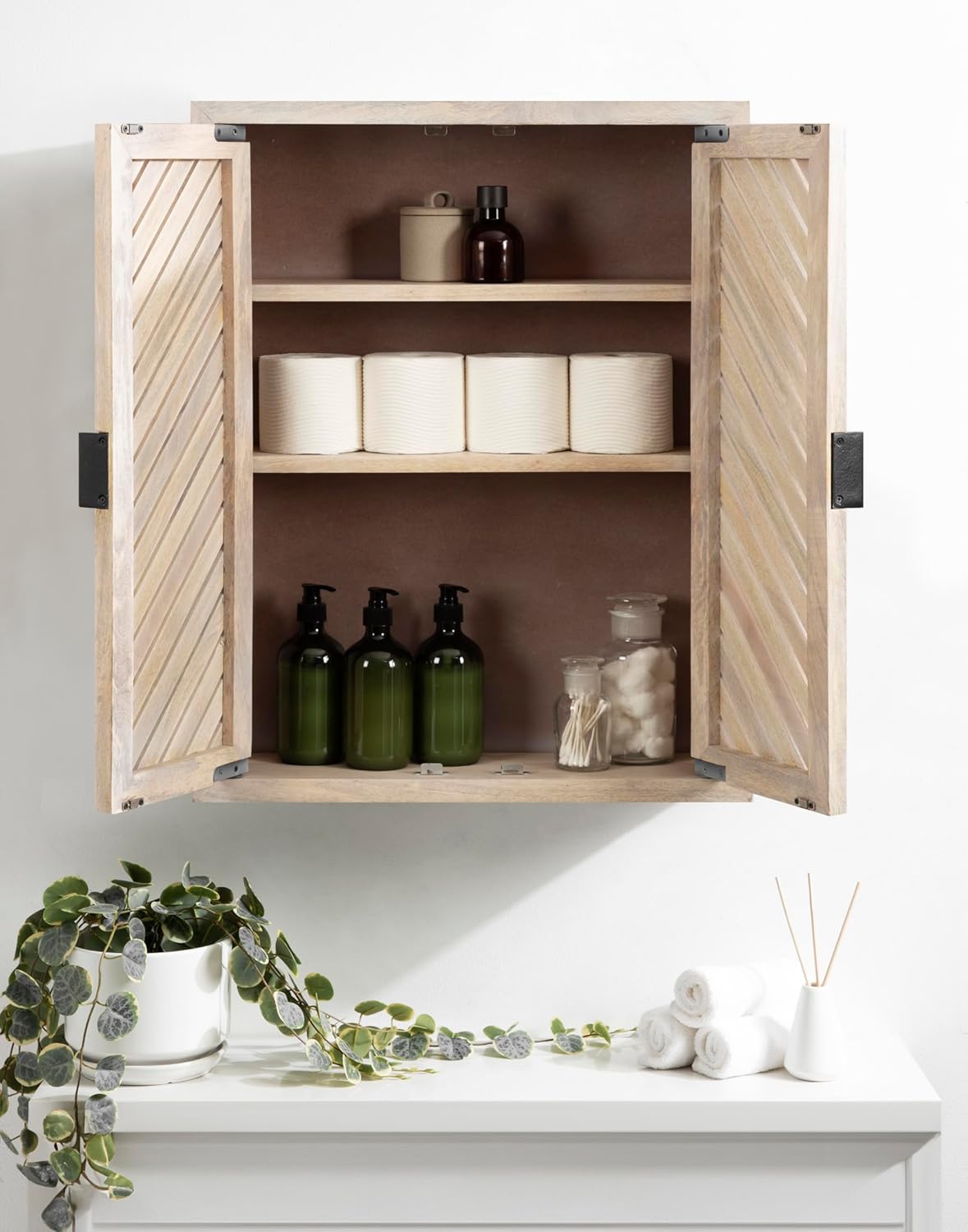 Kate and Laurel Mezzeta Decorative Coastal Two-Door Floating Bathroom Cabinet; 22 x 7 x 28; Whitewash; Decorative Over Toilet Storage Cabinet Made from Solid Mango Wood with Slatted Chevron Design