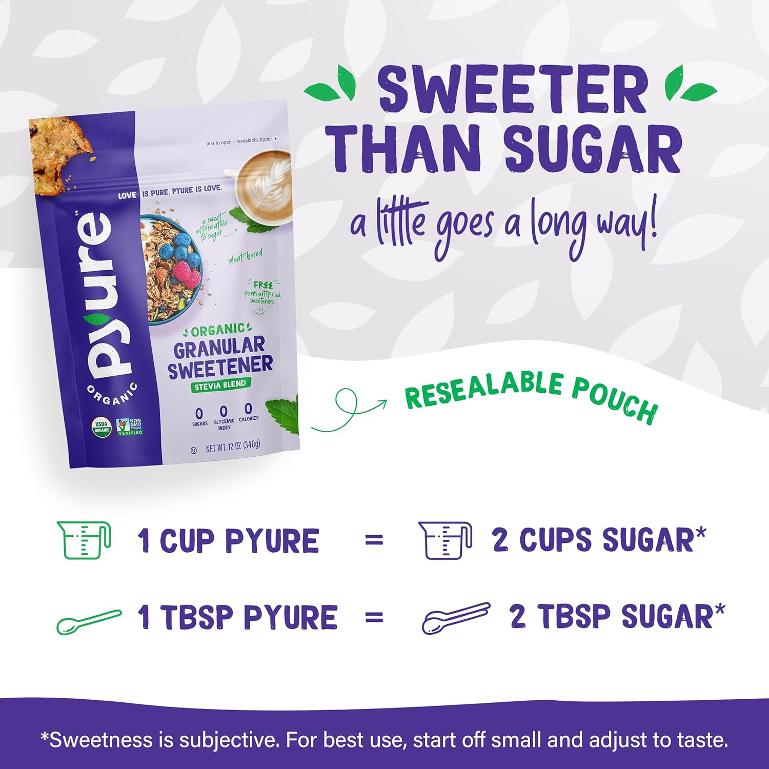 Pyure Organic Stevia Blend | Granulated Sugar Substitute with Zero Calories & Carbs | Keto, Diabetic & Vegan Friendly | Sugary Taste Alternative | USDA Organic, Non-GMO | Erythritol Free | Good For Baking | 1.5lb (24oz)