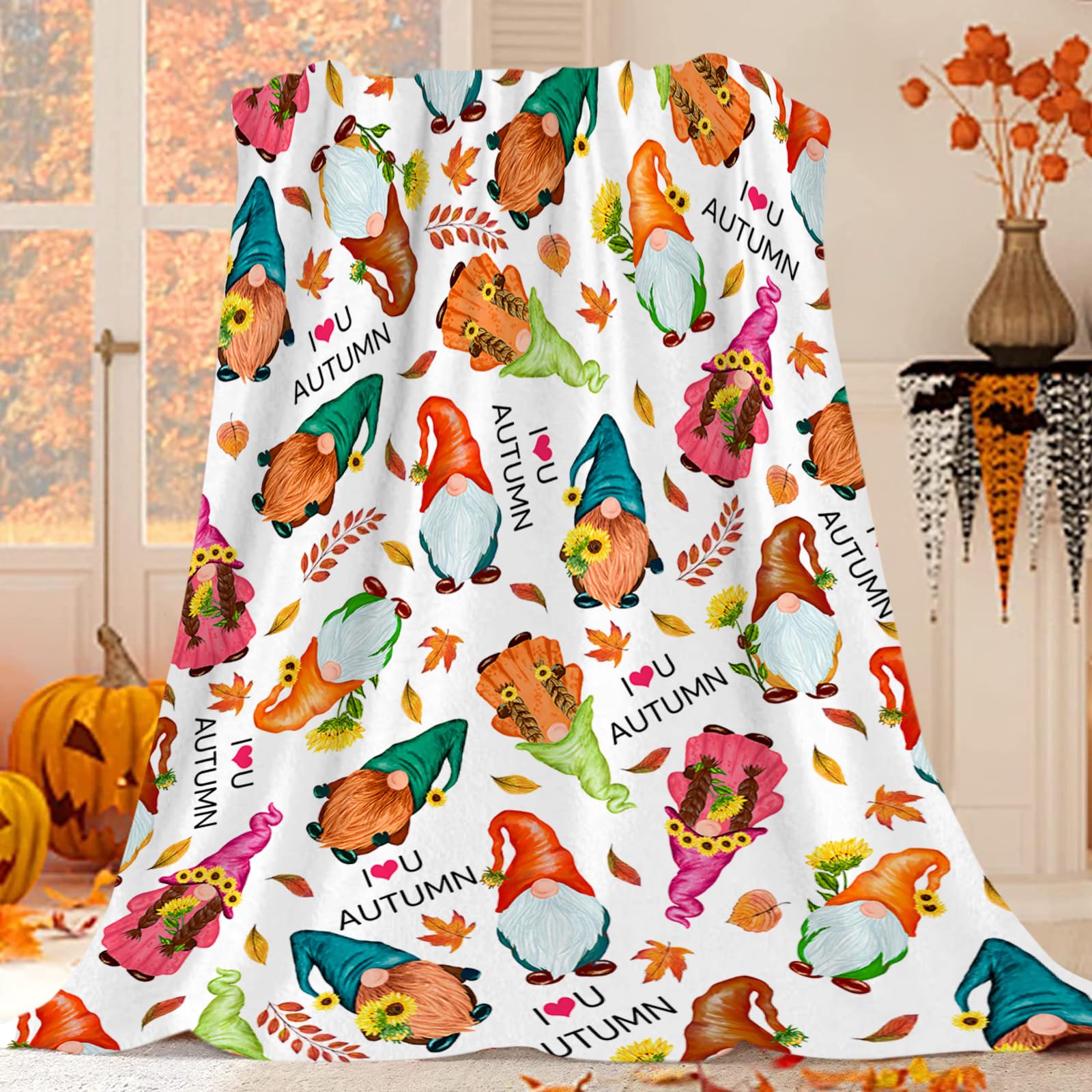 JOOCAR Autumn Gnome Throw Blanket Fall Leaves Decor Cute Gnome with Sunflower Blanket Cozy Soft Lightweight Flannel Plush Blankets for Bed Couch Living Room Sofa Chair,50x60 Inch