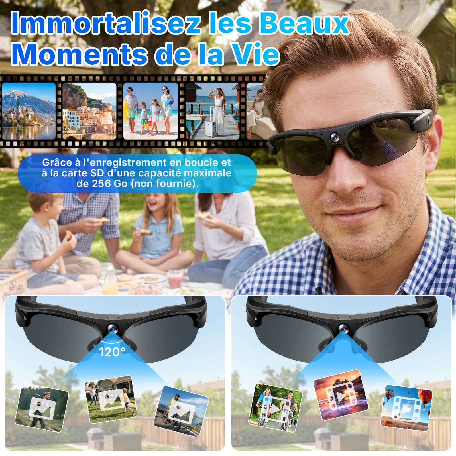 Lunettes de Soleil avec caméra d'action Wi-FI, Mini Caméra Cachée | Caméra d'action WiFi, Caméra Sportive, 120°, Caméra Cachée dans des Lunettes, Prise de Photos/Vidéos, Vélo/la Randonnée
