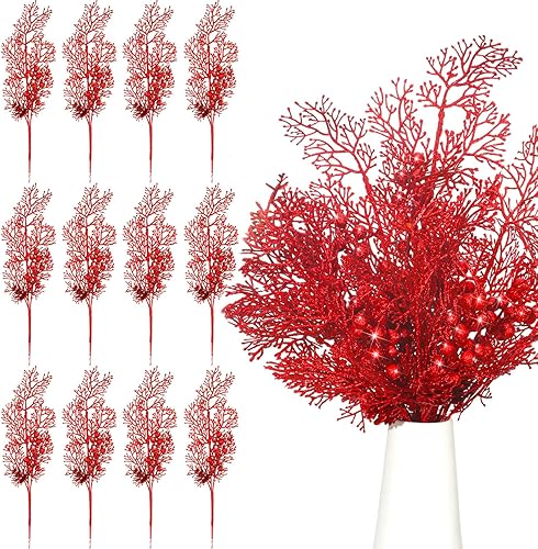Miniatura 43 de Tigeen 12 piezas de selecciones de árbol de Navidad artificiales a granel, relleno de árbol de Navidad con purpurina, bayas, tallos de ramas, ramas