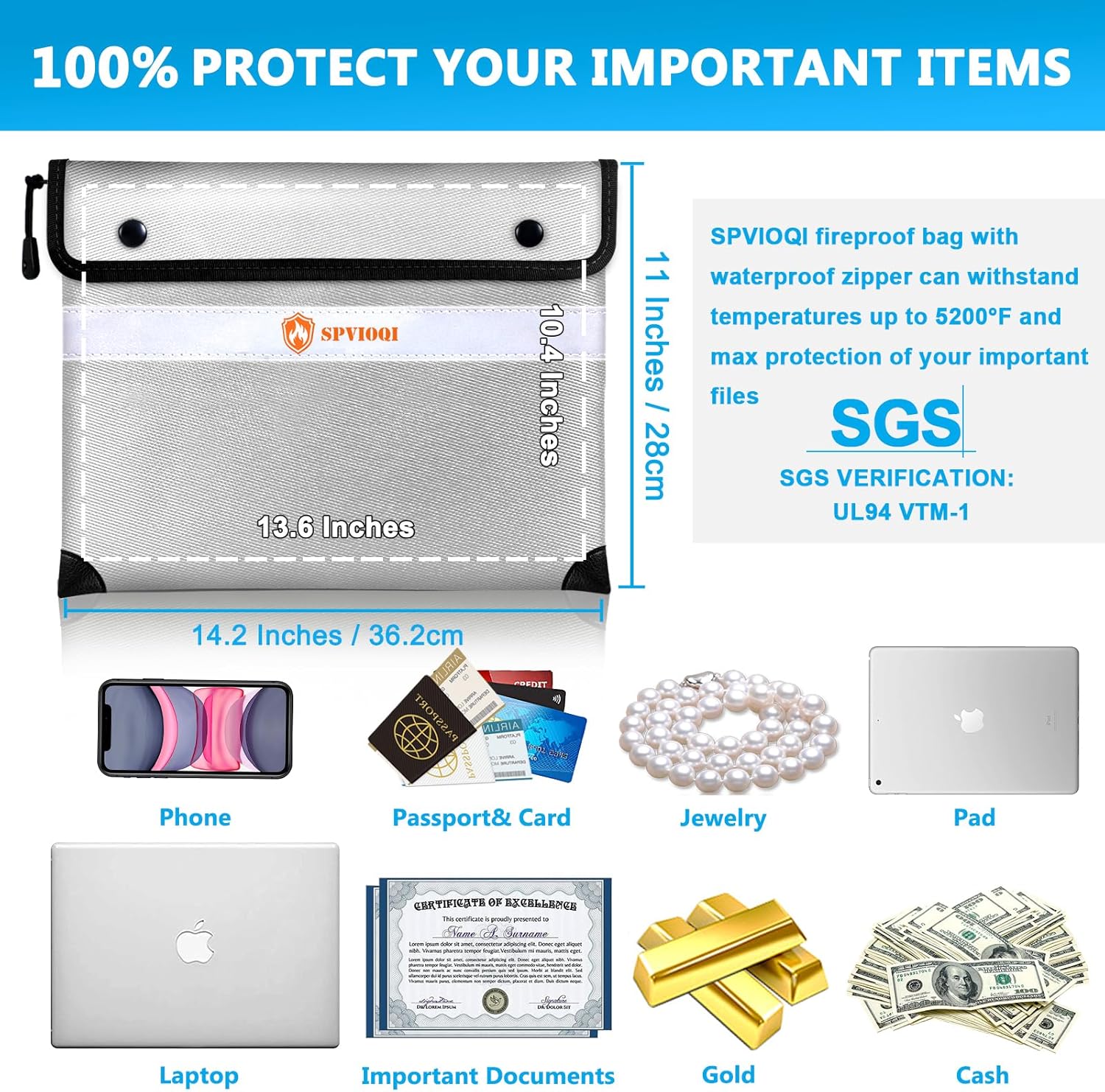 Upgraded Fireproof Document Bag 5200°F, 14.2” X 11” Waterproof Fireproof Bag with Zipper, 8 Layers of Heat Insulated Materials, Fireproof Money Bag for Cash, Important Documents and Valuables fire bag - Image 6