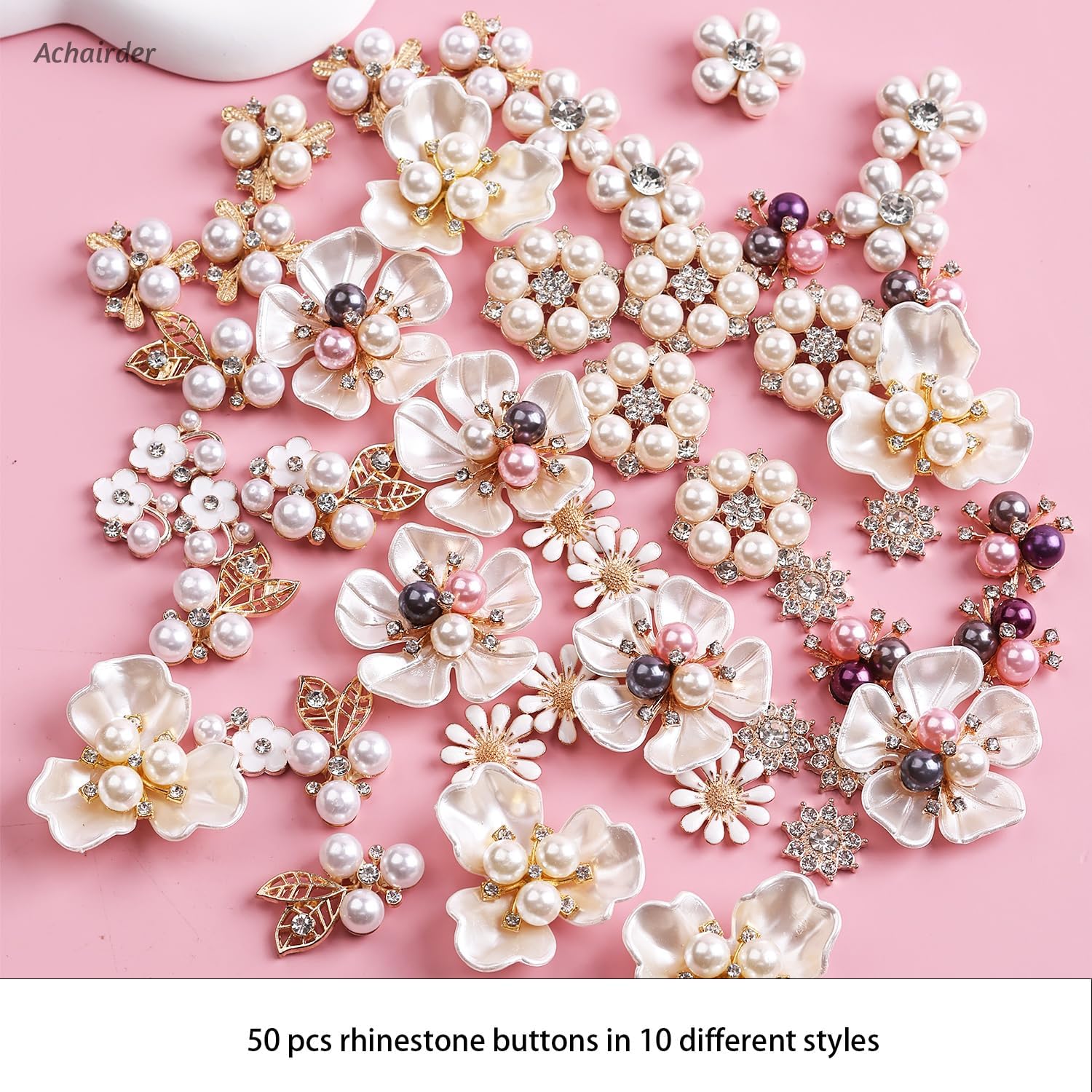 50PCS Rhinestone Buttons Faux Pearl Embellishments Buttons,Flat Back Flower Rhinestone Charms for Jewelry Making DIY Wedding Bouquet, Decor Clothes Bag Shoes Craft Accessory - Image 2