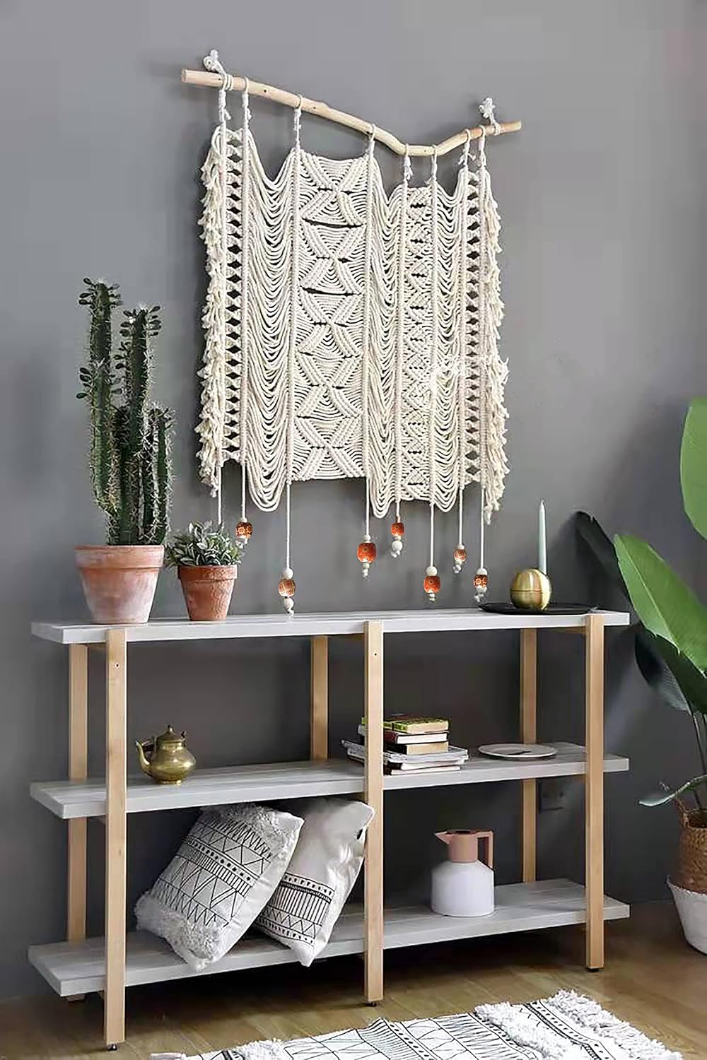 kiido Large Macrame Wall Hanging, Hand Woven Bohemian Tapestry, BoHo Wall Decor [With 2 Assemble Wooden Sticks] -Ethereal