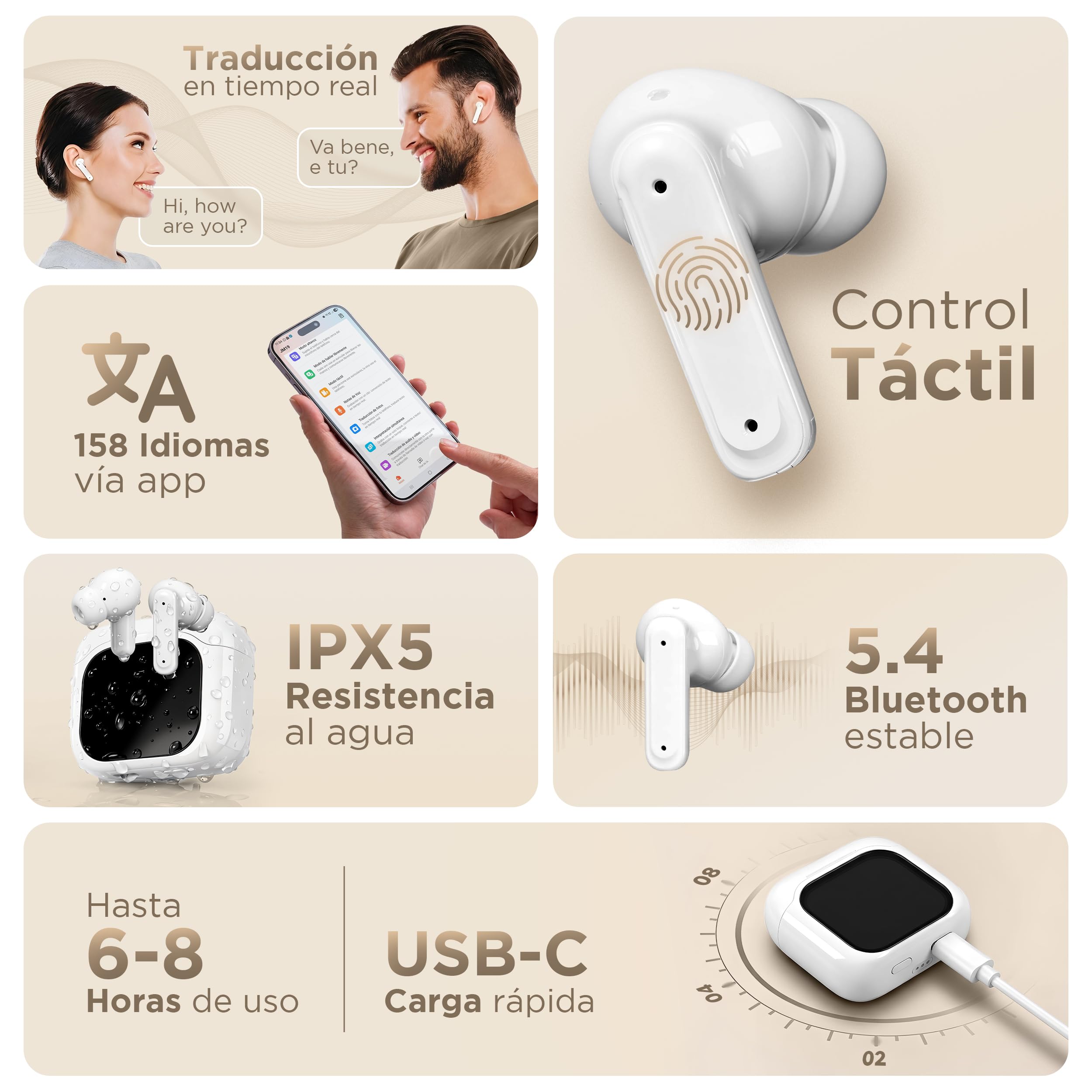 Auriculares Traductor en Tiempo Real 158 Idiomas y Limpiador - Traductor Instantaneo de Voz con iOS y Android - Auriculares Traductores Simultaneos IA con ANC y Estuche con Pantalla Táctil