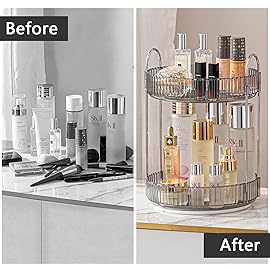shuang qing Rotating Makeup Organizer for Vanity, High-Capacity Skincare Clear Make Up Storage Perfume Organizers Cosmetic Dresser Organizer Countertop 360 Spinning (Gray, 2 Tier)