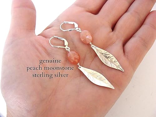 Miniatura 5 de Leaf and peach moonstone earrings, long, sterling silver, lightweight earrings, fun, nature theme, flashy, handmade