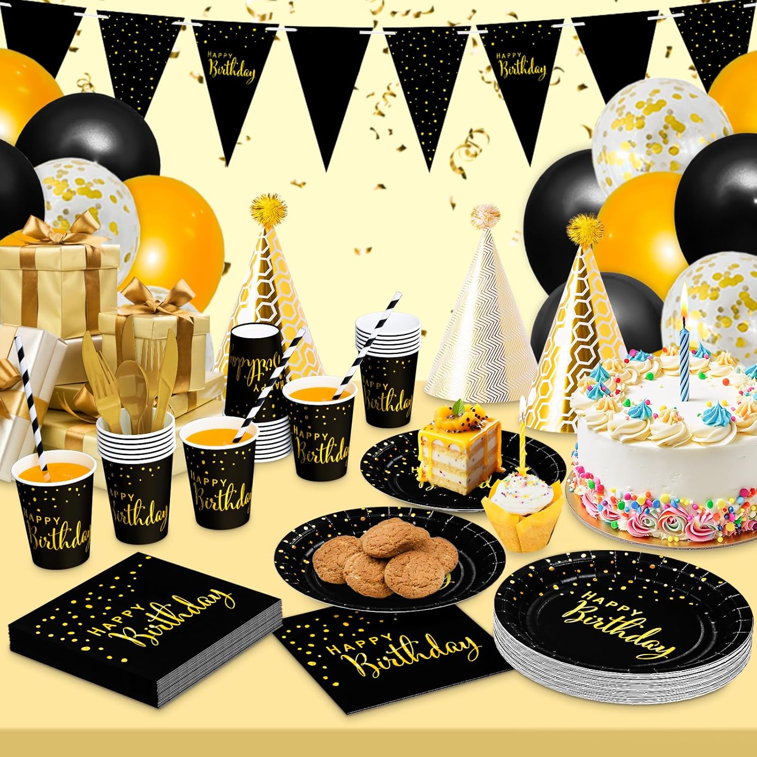 DYLIVeS Black Birthday Party Decorations Gold Foil Dots Happy Birthday Party supplies for Men Boys Paper Plates and Napkins Cups Straws Balloons Banner Cutlery 204 pcs Serve 24