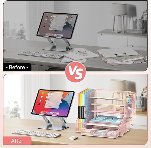 Miniatura 6 de DALTACK Organizador de escritorio de malla, bandeja de papel de 5 niveles con soporte para archivos, soporte para bolígrafo y cajón deslizante,