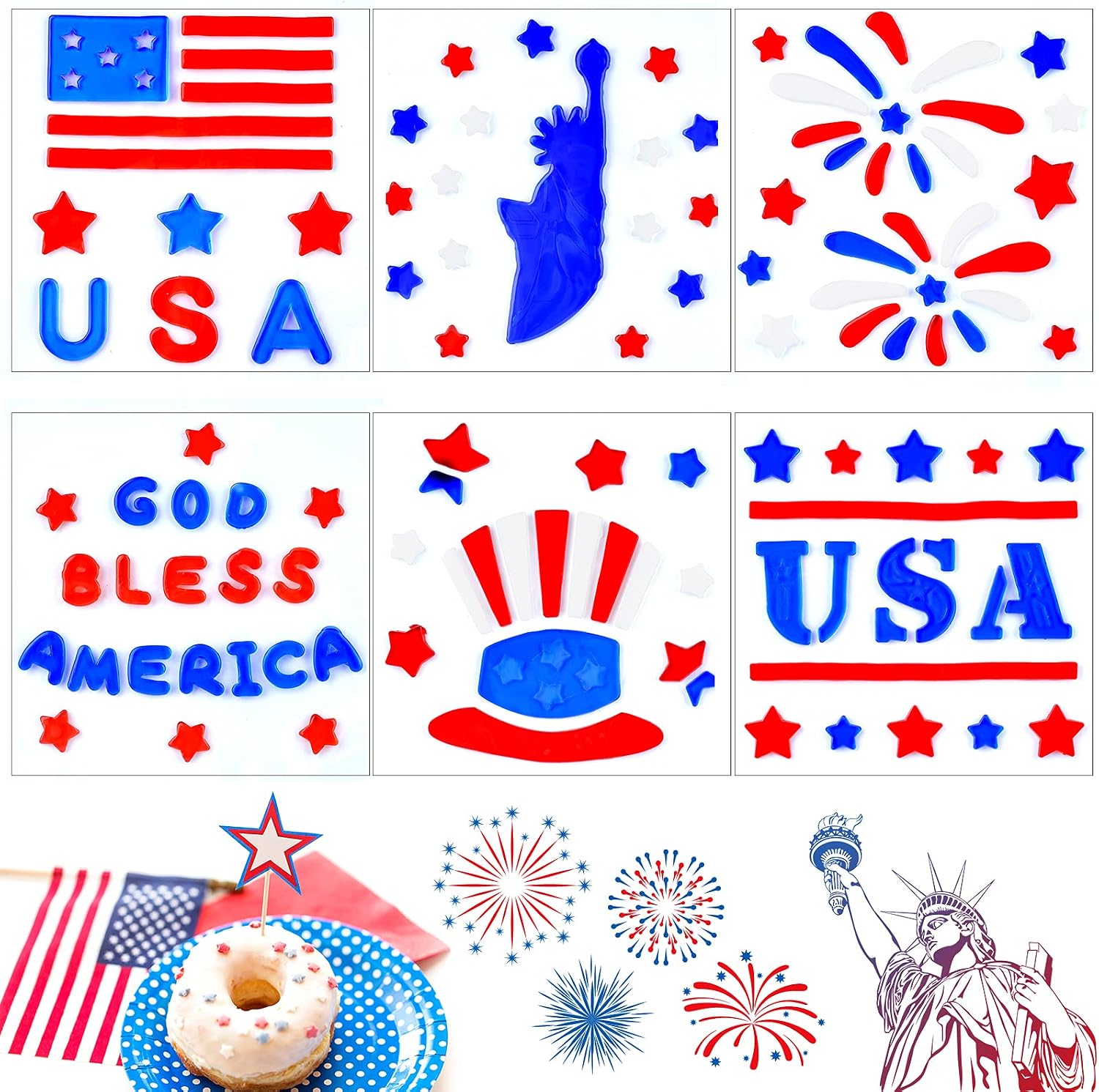 4th of July Window Clings for Glass Windows Independence Day Decorations - Anti-Collision Window Clings Decals for Door Car Refrigerators Home Patriotic Day Decorations Window Stickers -Easy to Paste - 6pcs