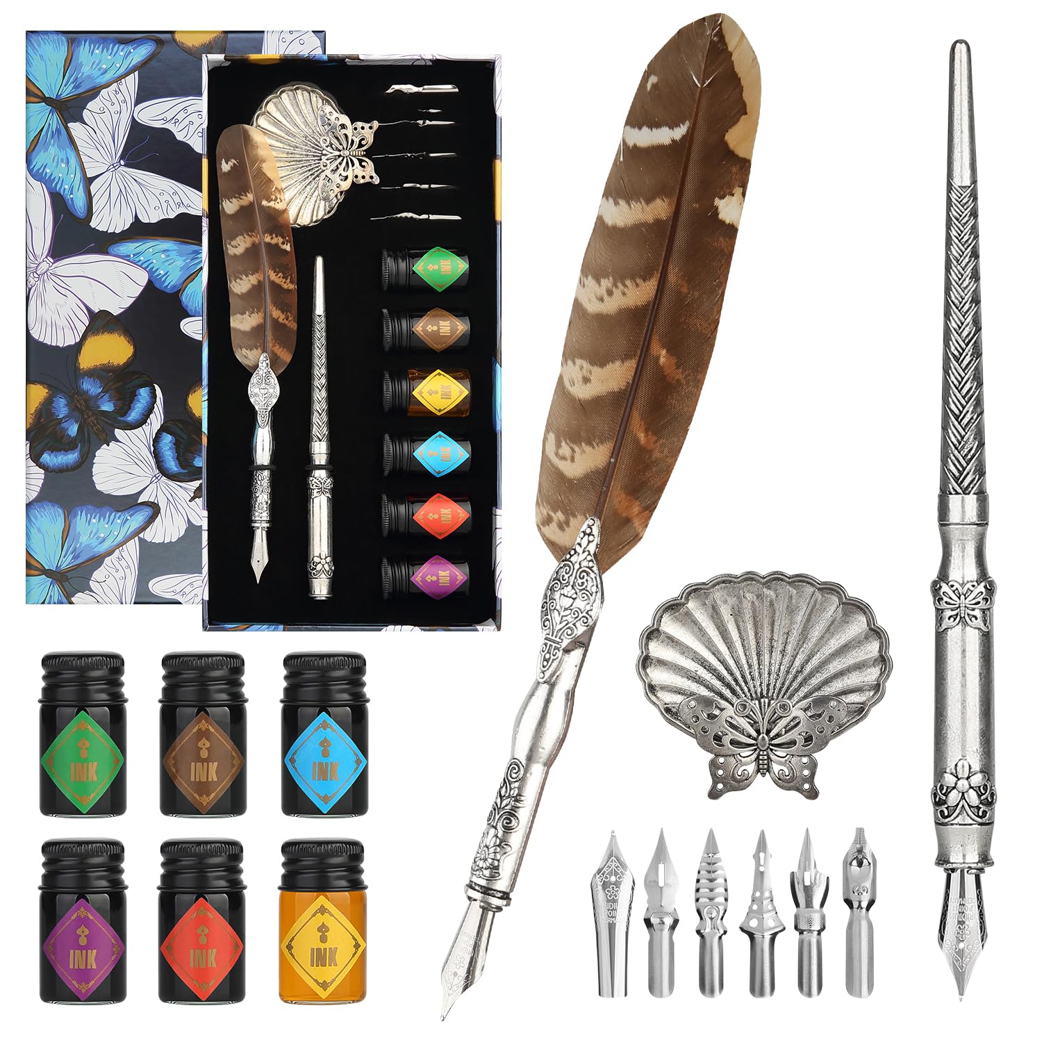 Quill Pen and Ink Set,Feather Dip pen with 6 bottles of ink,Antique Calligraphy Pen,Metallic Dip Pen,6 Replaceable Nibs-Basic Calligraphy Kit-for Beginners and Calligraphy Lovers MA-L26
