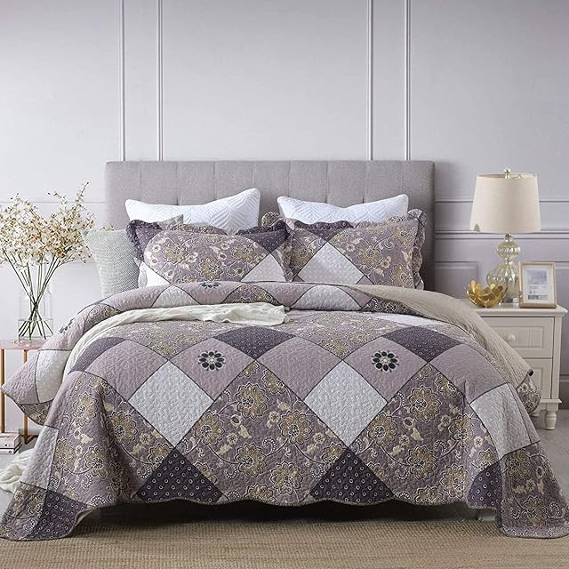 ENCOFT Floral Quilted Bedspread King Size 230x250cm Classic Gray Lightweight Soft Patchwork Coverlet Quilt Throw Set with 2 Pillowcases 50x70cm (Gray