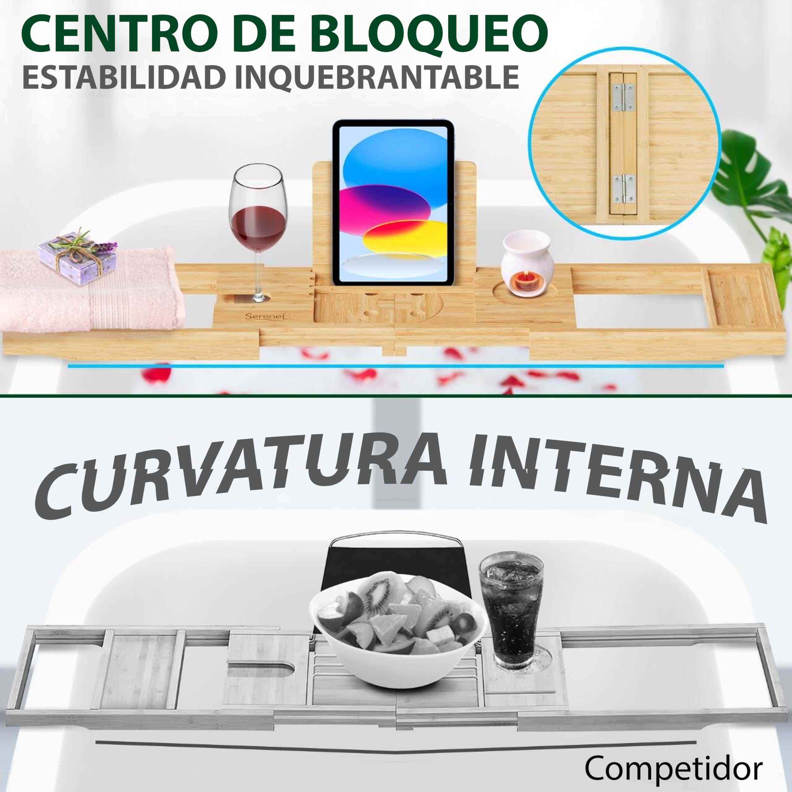 SereneLife bandeja para bañera, Plegable, Extensible de 30” a 43”, Ajustable, Baño, Soporte para copa de vino, Libro, Movil, Tablet, Facil almacenamiento