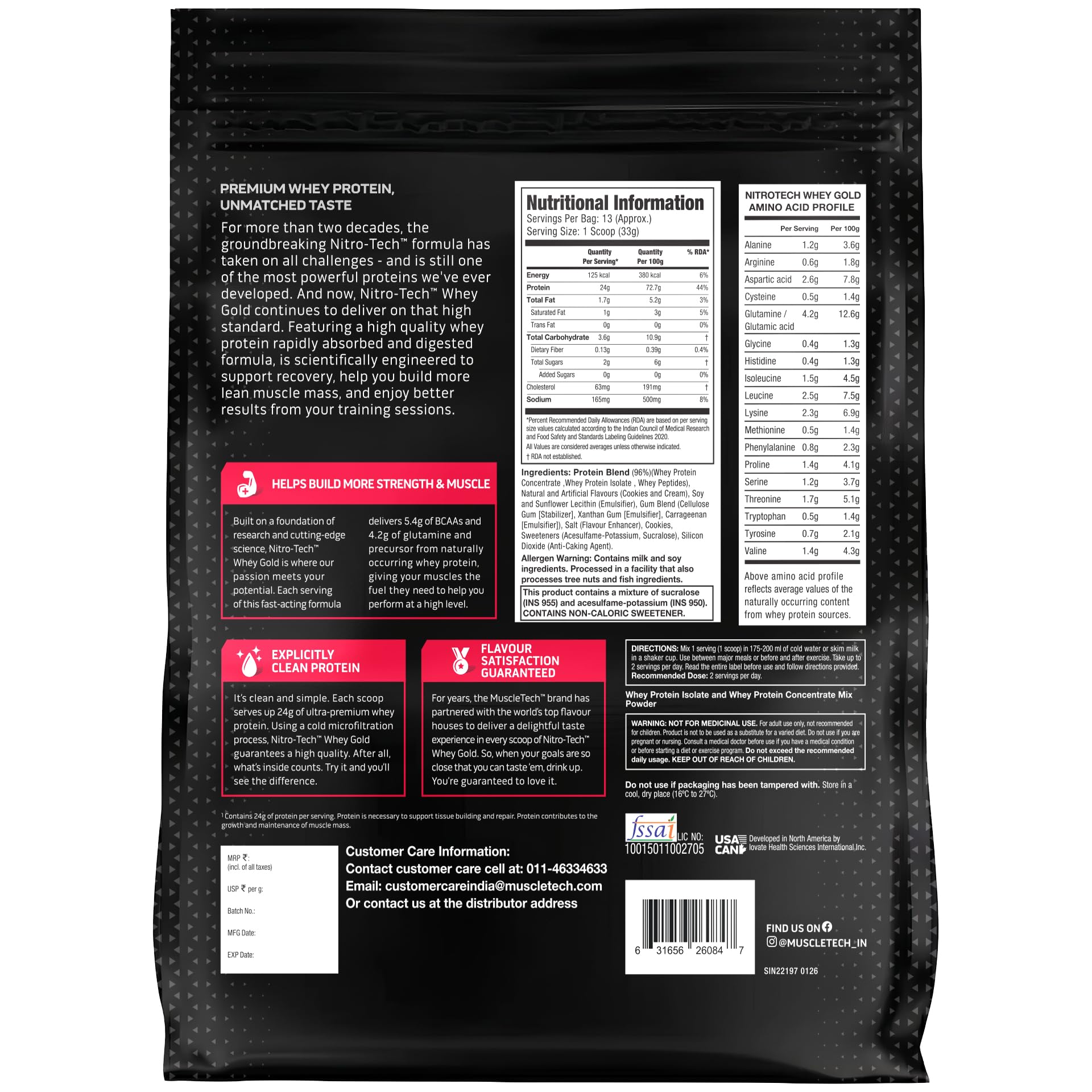 MuscleTech Nitro-Tech Whey Gold Protein Powder | 24 g Protein & 5.4 g BCAAs Per Serving | Supports Lean Muscle & Faster Recovery | Cookies & Cream | 450 g 1