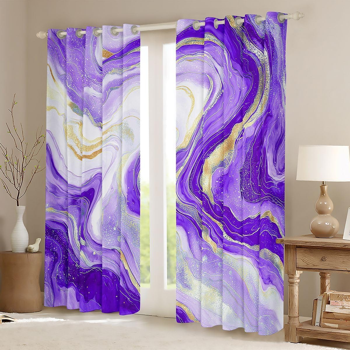 jejeloiu Purple Marble Curtains for Bedroom Living Room Modern Marble Aesthetic Blackout Darkening Drapes Retro Watercolor Window Treatments, 2 Panels 52 x 84 Inch Abstract Texture Room Decor image 2