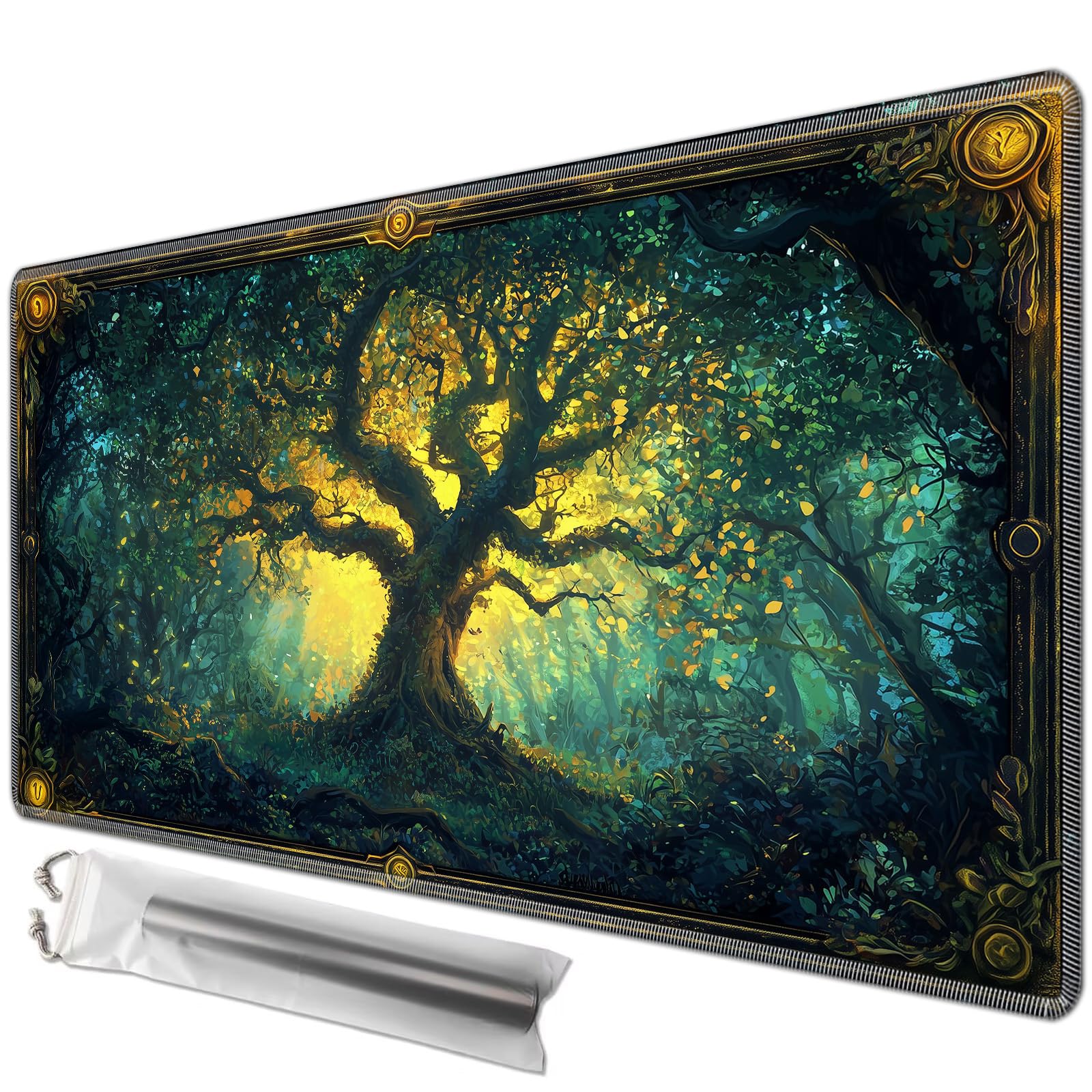 JANENFNA TCG Card Playmat 27.5" x 15.7" with Storage Bags for MTG Game Play Mats, Premium Stitched Non-Slip Rubber Tabletop Magic Play Mats Desk Duel Card Breaking Mats, Green Magic Forest