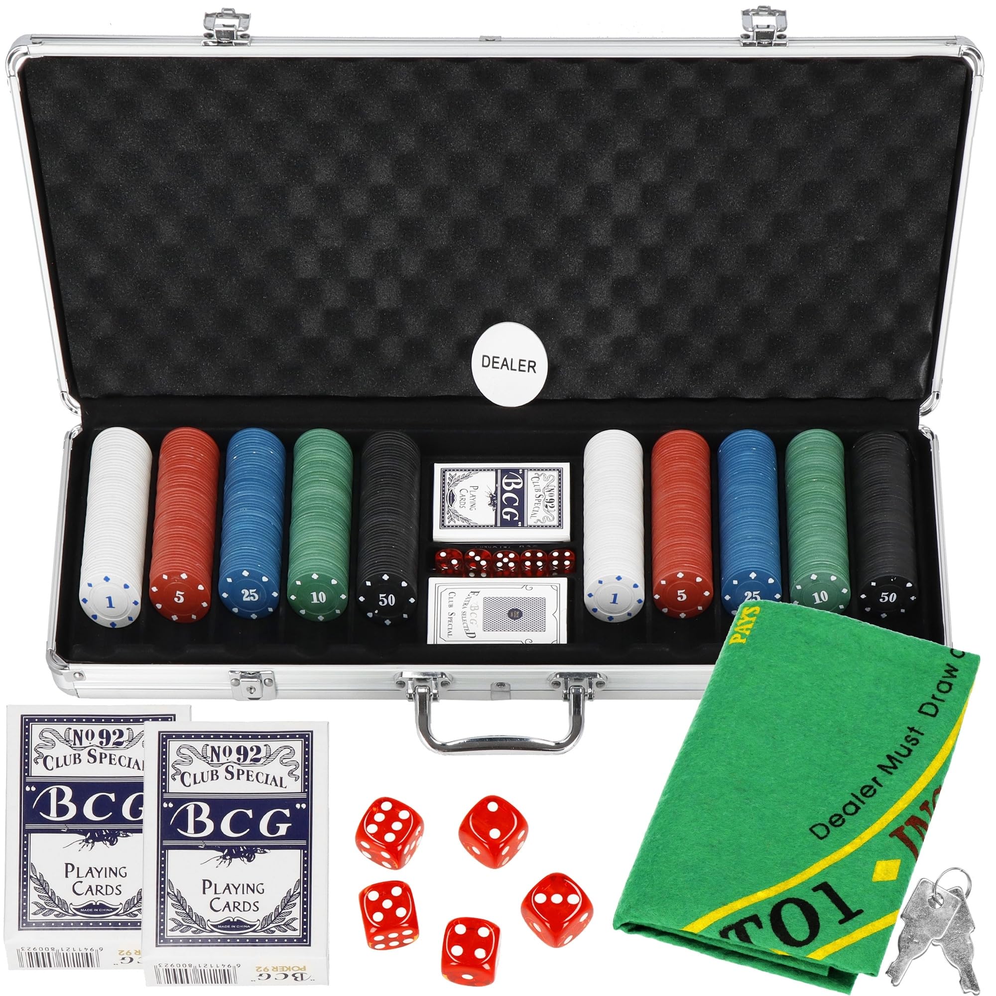 SPRINGOS Set de póker 500 fichas 2 barajas de cartas Juego de mesa 5 dados con maletín