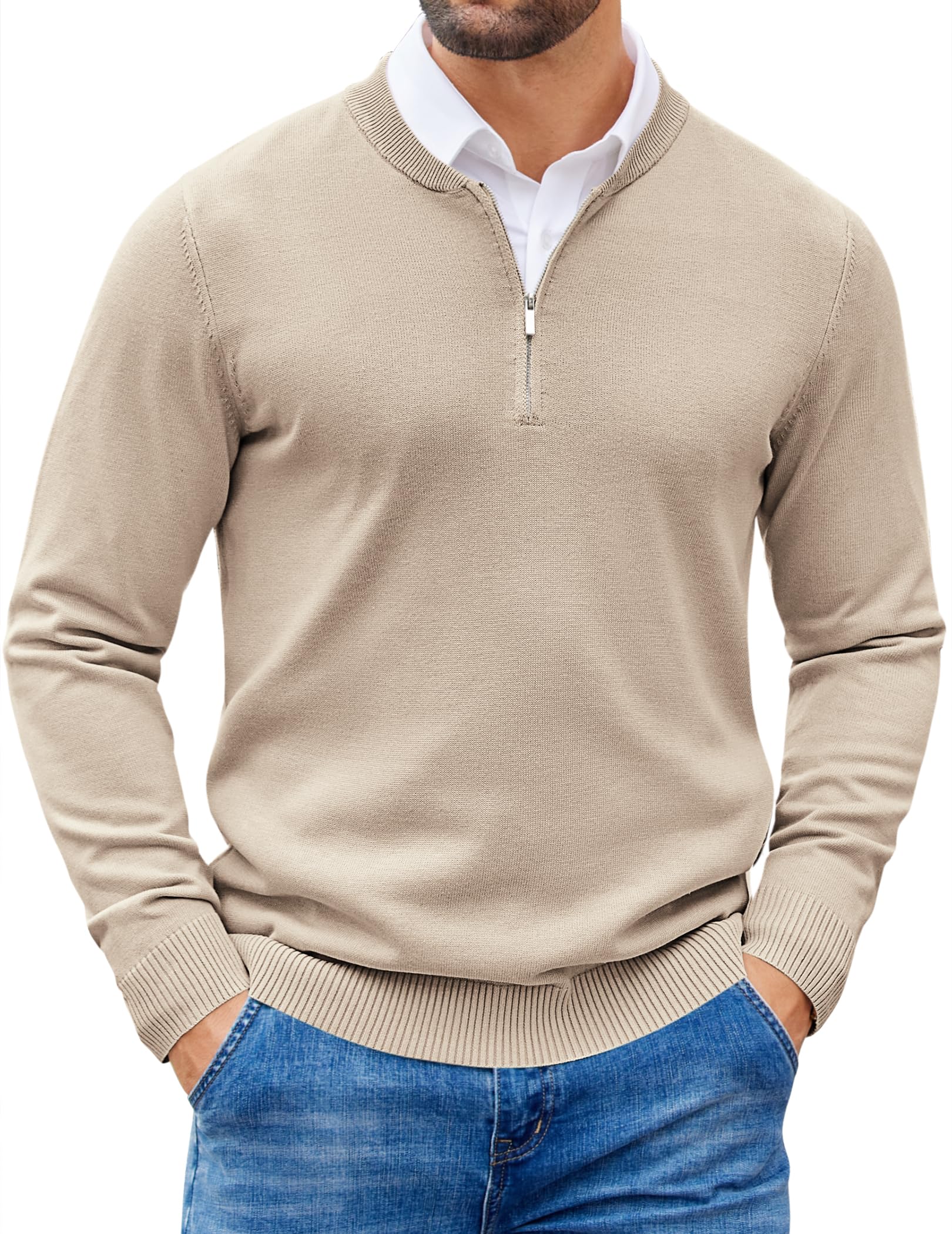 Men's Quarter Zip Pullover Slim Fit Dress Sweaters Lightweight Mock Neck Knit Sweater-image-48