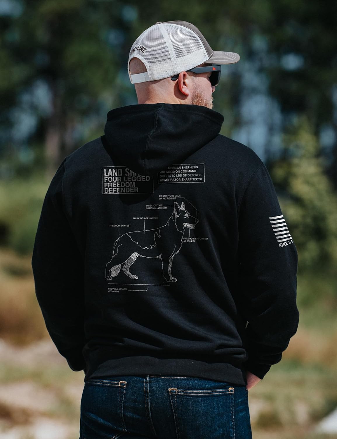 Nine Line Land Shark Hoodie for Men, Patriotic German Shepherd K9, USA Made Military Law Enforcement Graphic Hoodie