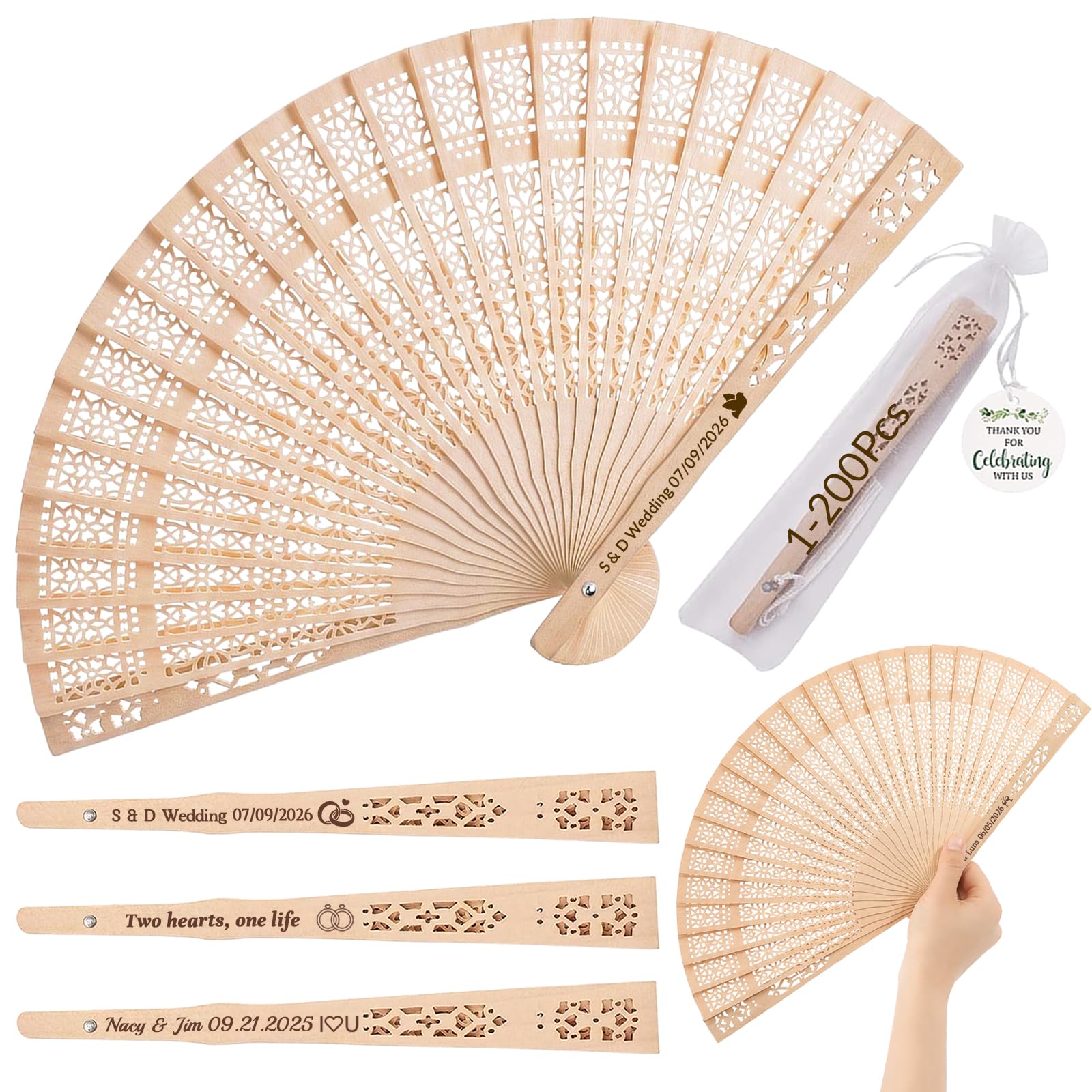 50 Ventagli Personalizzati Matrimonio – Bomboniere Legno | Gravure nome/data | Ventaglio in legno | Borsa organza | Bomboniera matrimonio