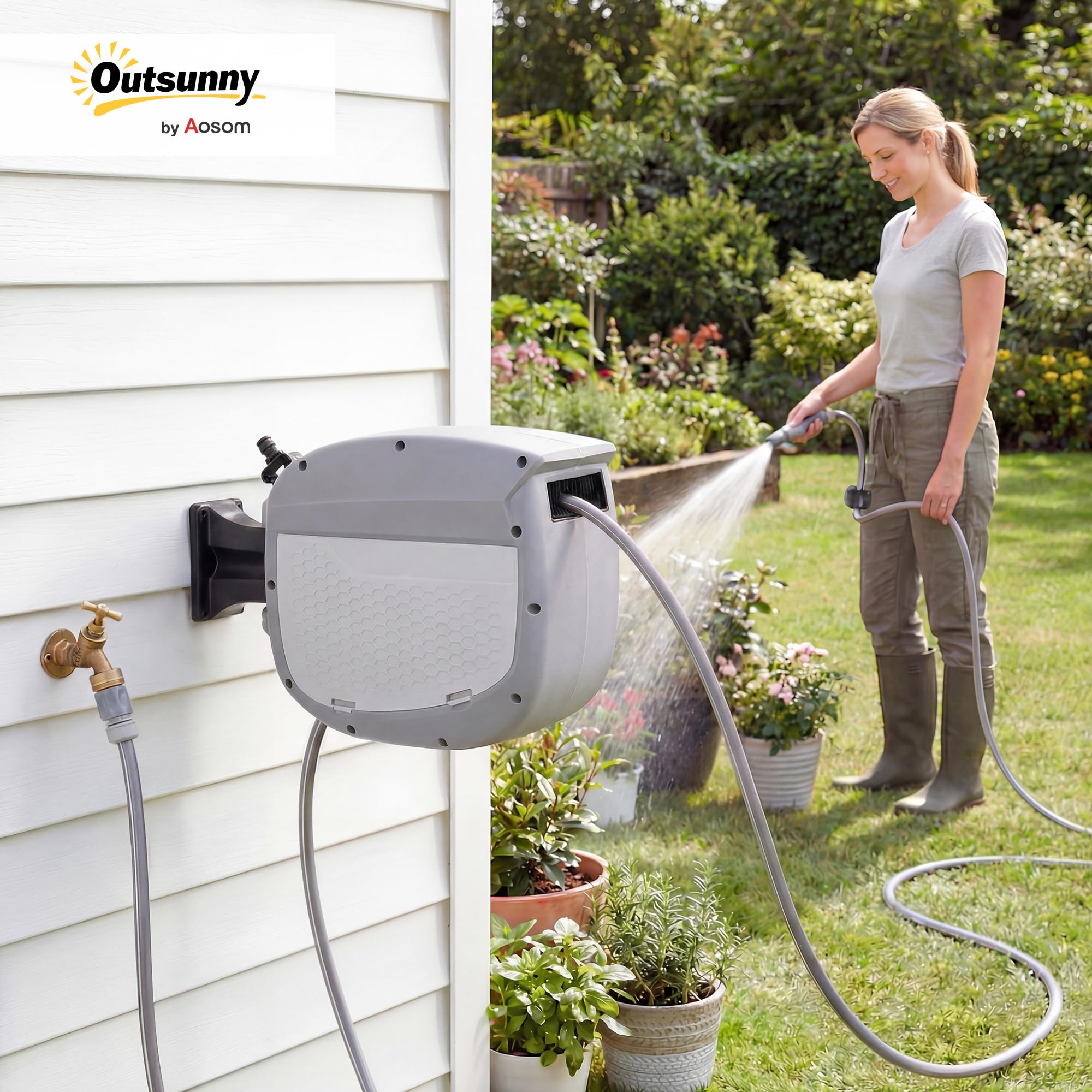 Outsunny Enrollador de Manguera para Jardín 10+1 m con Boquilla de 2 Modos, Carrete de Manguera de Jardín de Pared con Bloqueo Automático y Retracción Controlada, Soporte Orientable 180°, Gris