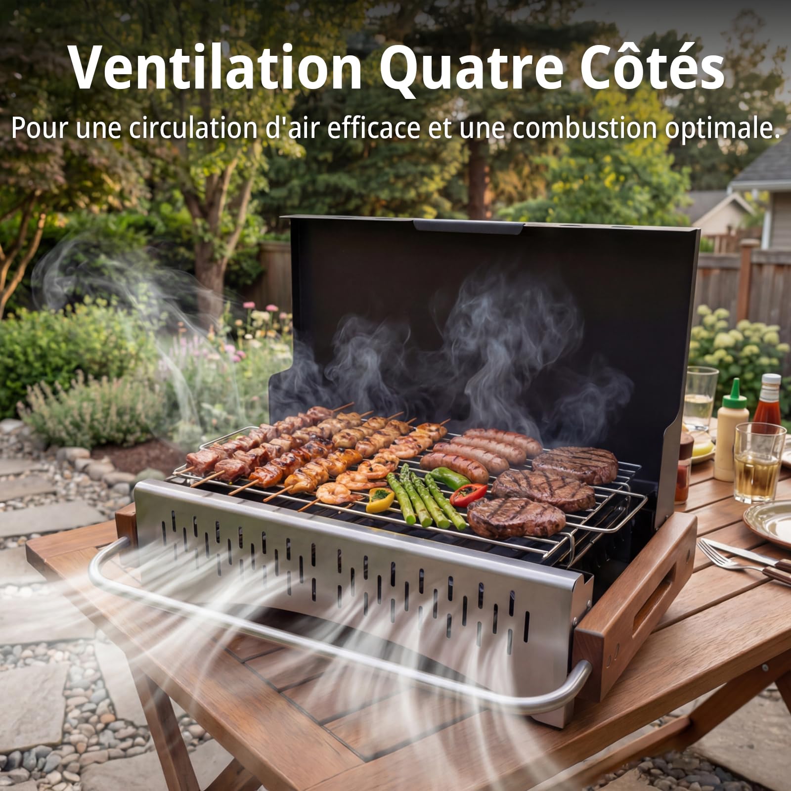 Barbecue charbon portable, grill pliable extérieur 38,15 x 20,95 cm, montage sans outils, grille réglable 2 niveaux, idéal balcon camping jardin