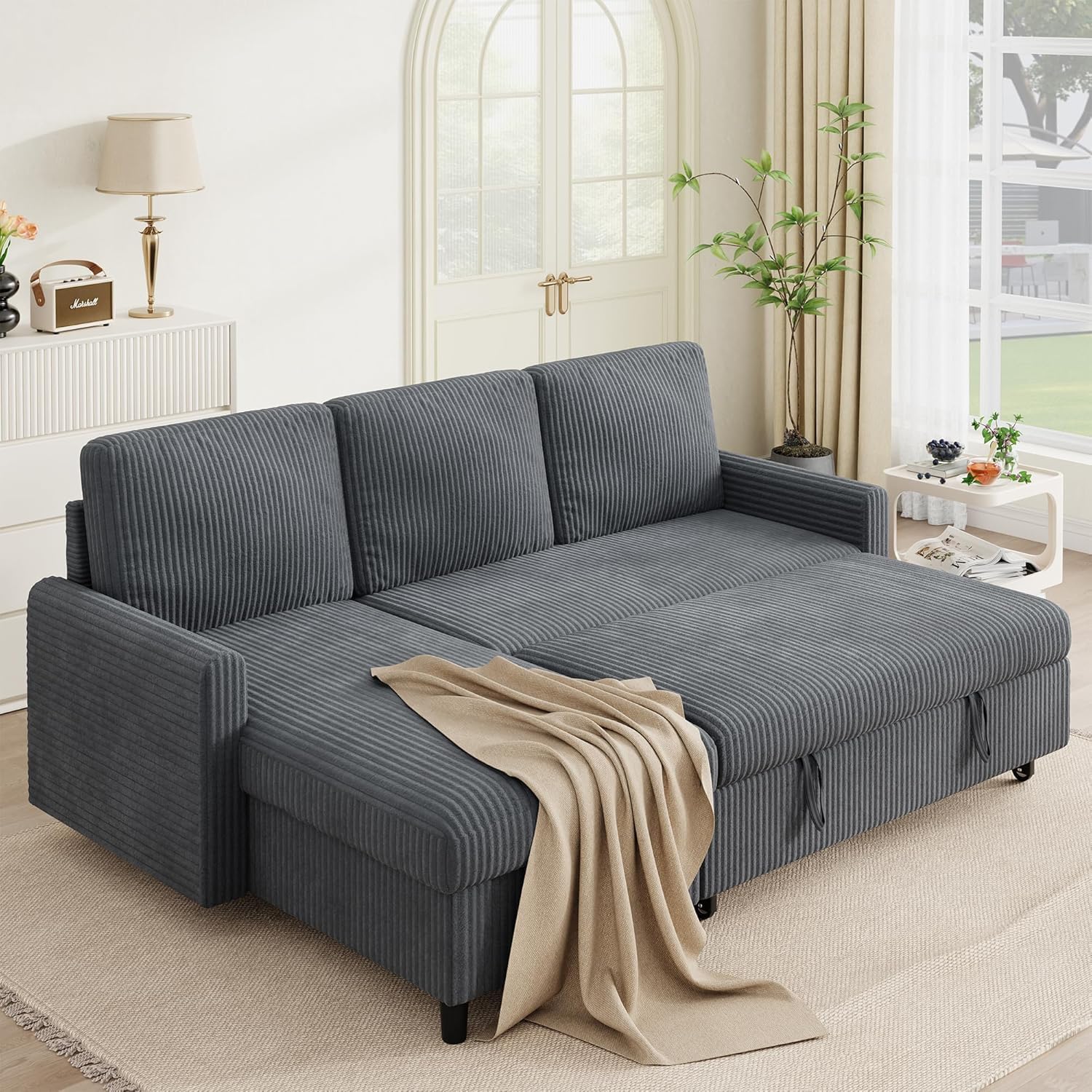 Shintenchi Sofa Bed Sleeper Pull Out 2 in 1 Sectional Sleeper Sofa Couches with Storage, Pullout Sectional Couches for Apartment Living Room,Dark Grey