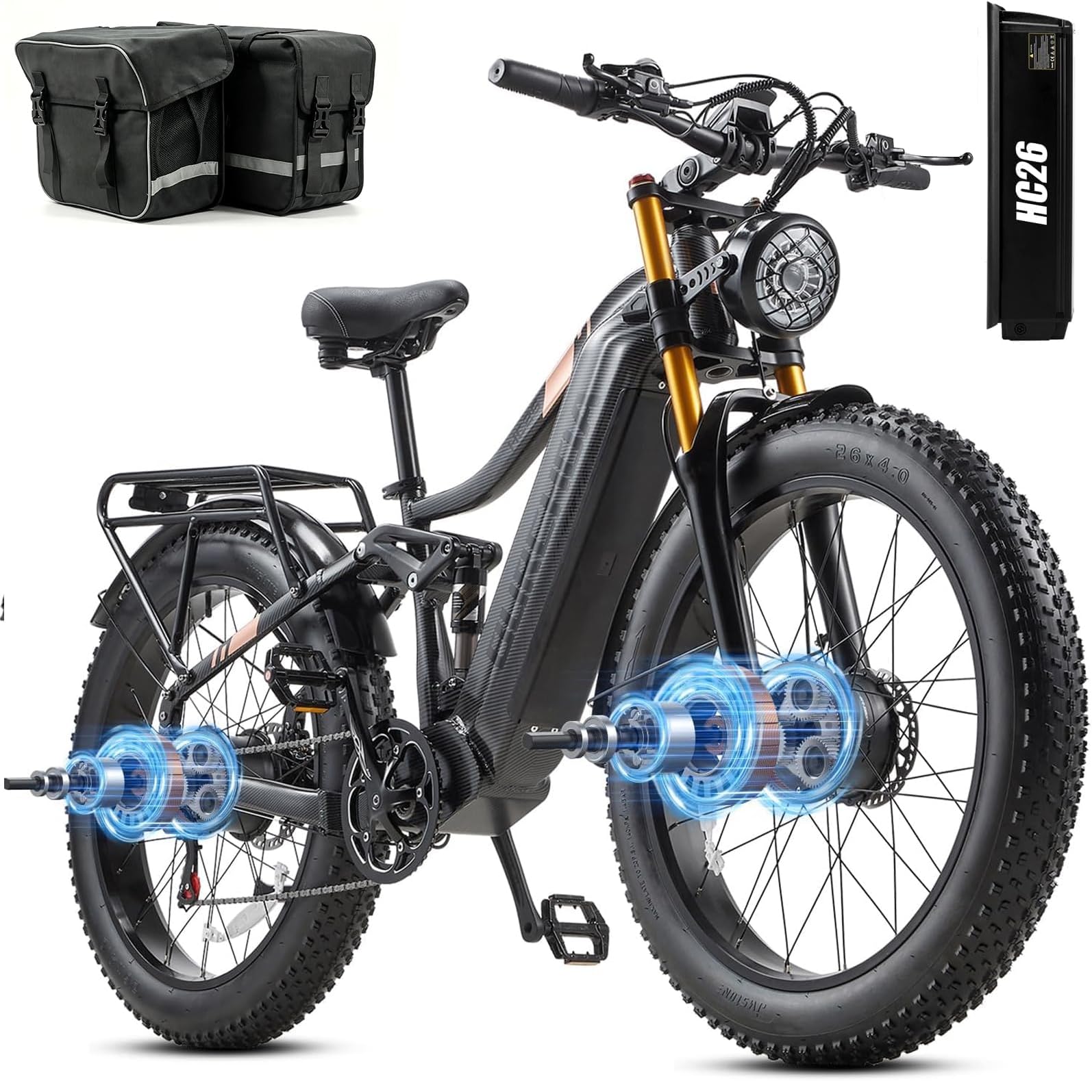 Dual Motor Electric Bike for Adults AWD 5000W/3000W/1500W Peak 210 NM Dirt Ebike, 40MPH/30MPH, 52V/48V Max-Output Up to 70/90/140/180 Miles Long Range, 26" Full Suspension Fat Tire Mountains Bicycle