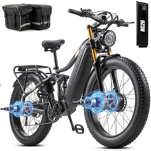 Dual Motor Electric Bike for Adults AWD 5000W/3000W/1500W Peak 210 NM Dirt Ebike, 40MPH/30MPH, 52V/48V Max-Output Up to 70/90/140/180 Miles Long Range, 26" Full Suspension Fat Tire Mountains Bicycle