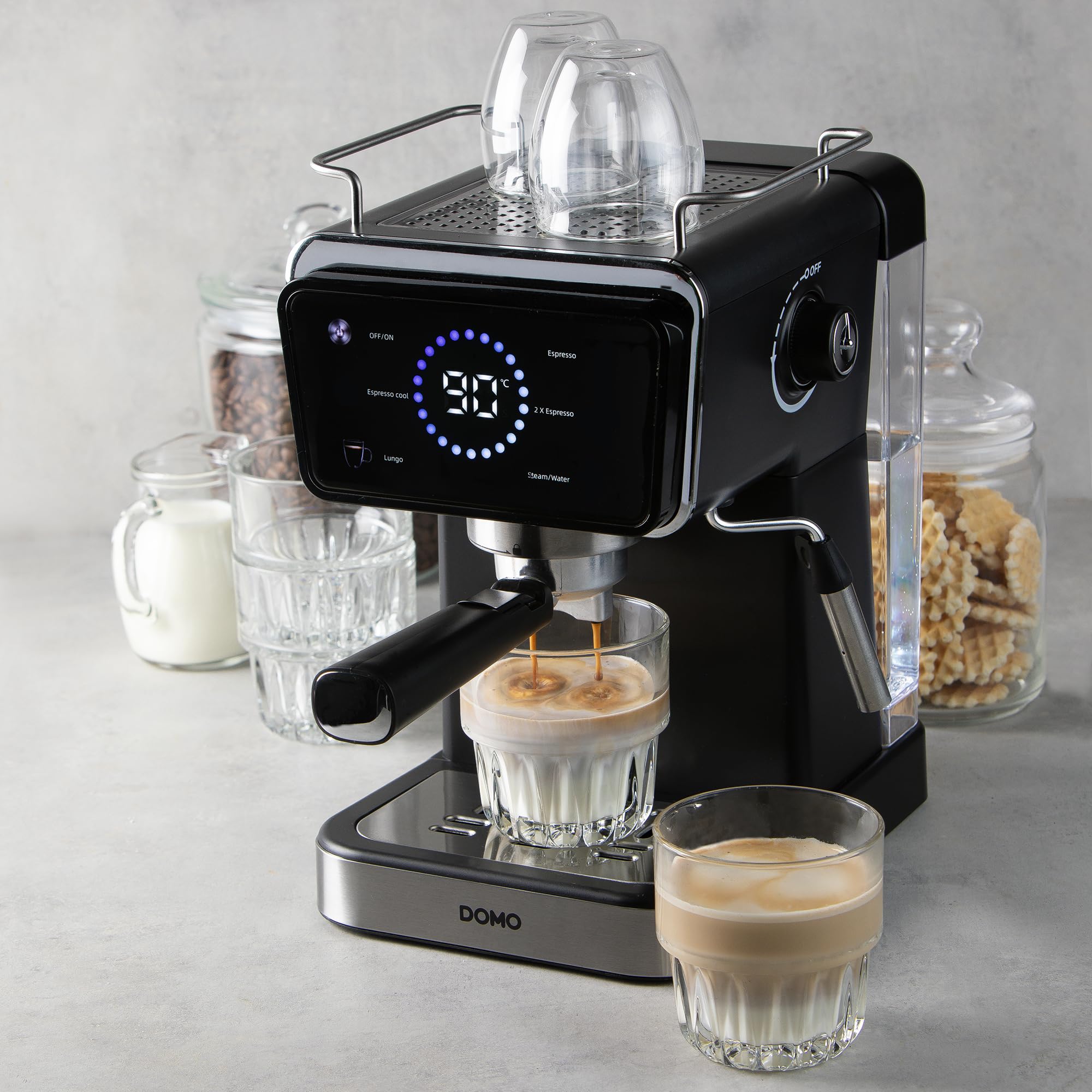 DOMO DO757K - Máquina espresso de 20 bares - Pantalla táctil a color - Boquilla de vapor - Café molido - Alternativa máquina espresso automática - Depósito 1,5 L