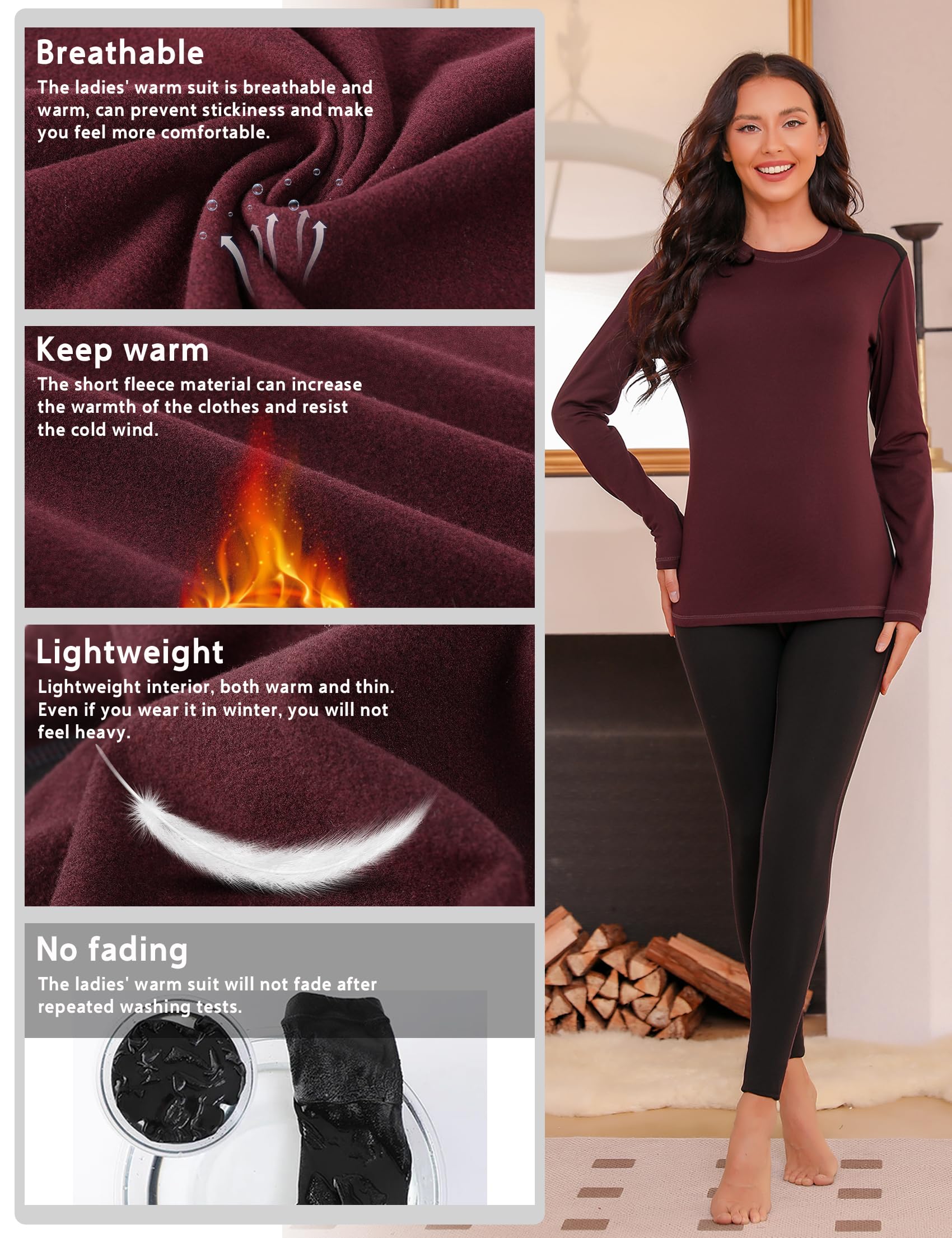 Terecey Intimo Termico Donna Sci,Completo Termico Donna Invernale,Biancheria Termica Donna Traspirante,Due Pezzi Tuta Termica Donna Sportiva in Felpata,Maglia Termica Donna+Leggings Termici -