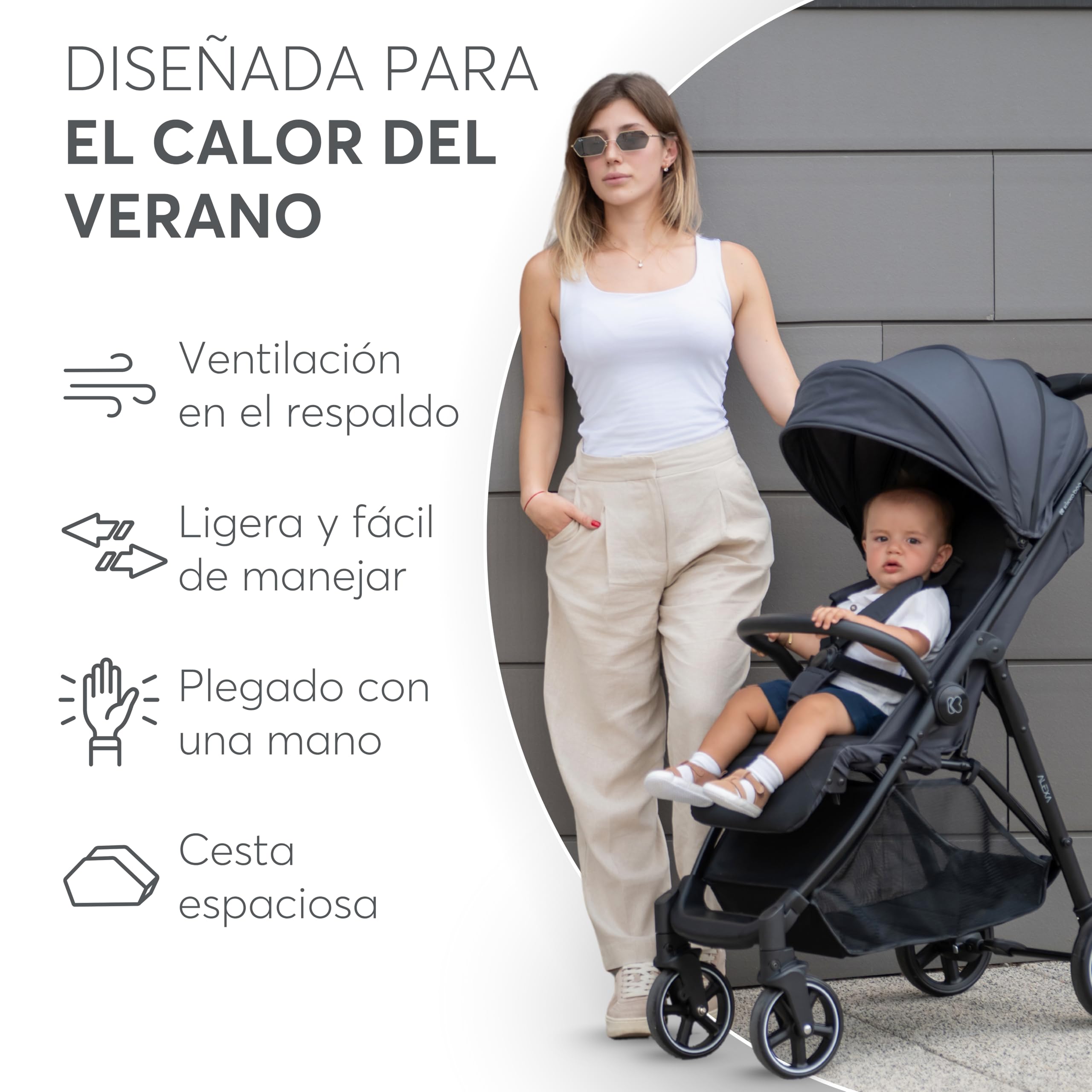 KikkaBoo ALEXA Silla de Paseo Ligera desde Nacimiento hasta 22 kg, Plegado con una Mano, Respaldo Reclinable con Posición Tumbada, Suspensión en Todas las Ruedas, Reposapiés Ajustable, Gris Oscuro