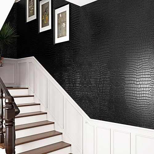 Miniatura 5 de WESTICK Papel tapiz con textura de cocodrilo mate, para pegar y despegar, papel de contacto negro para armarios, muebles, papel tapiz autoadhesivo