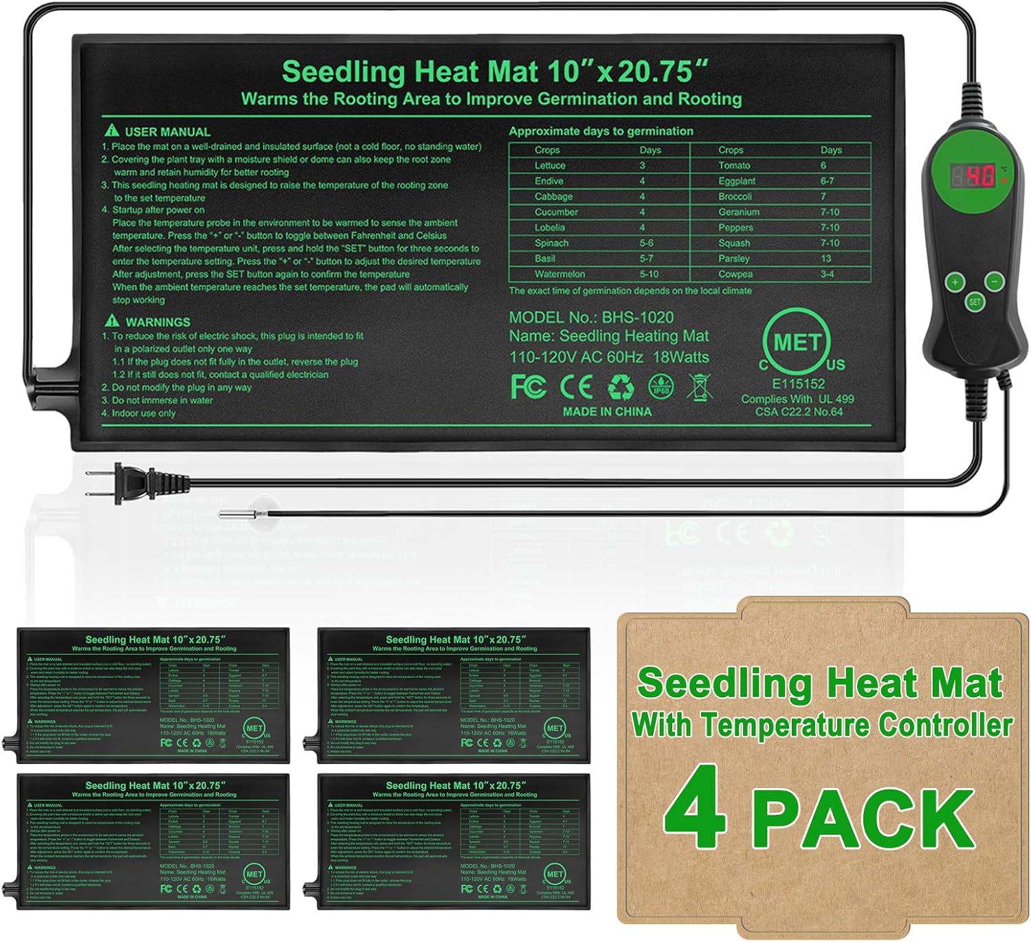 Seedling Heat Mat with Thermostat Pack of 4, Dual Certified by MET and UL Plant Heating Mat Pad Equipped with A Temperature Probe, It Automatically Maintains A Constant Temperature