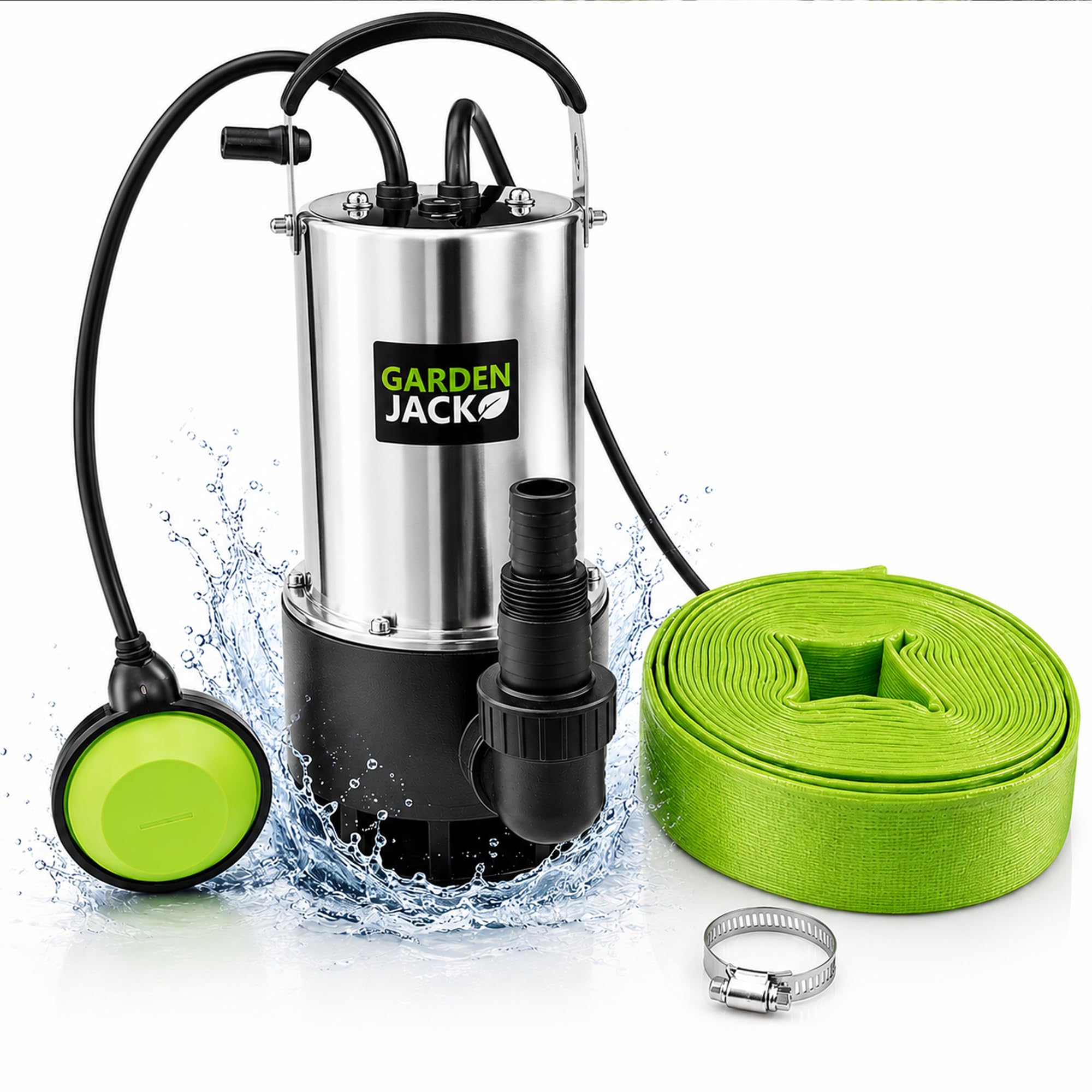 Gardenjack Green Submersible Water Pump 1100W, Dirty Water Pump, 10M Garden Hose