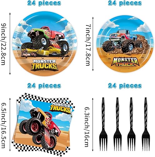 Miniatura 2 de 96 piezas de platos y servilletas Monster Truck decoraciones de cumpleaños Monster Truck suministros de fiesta Monster Truck recuerdos de fiesta de