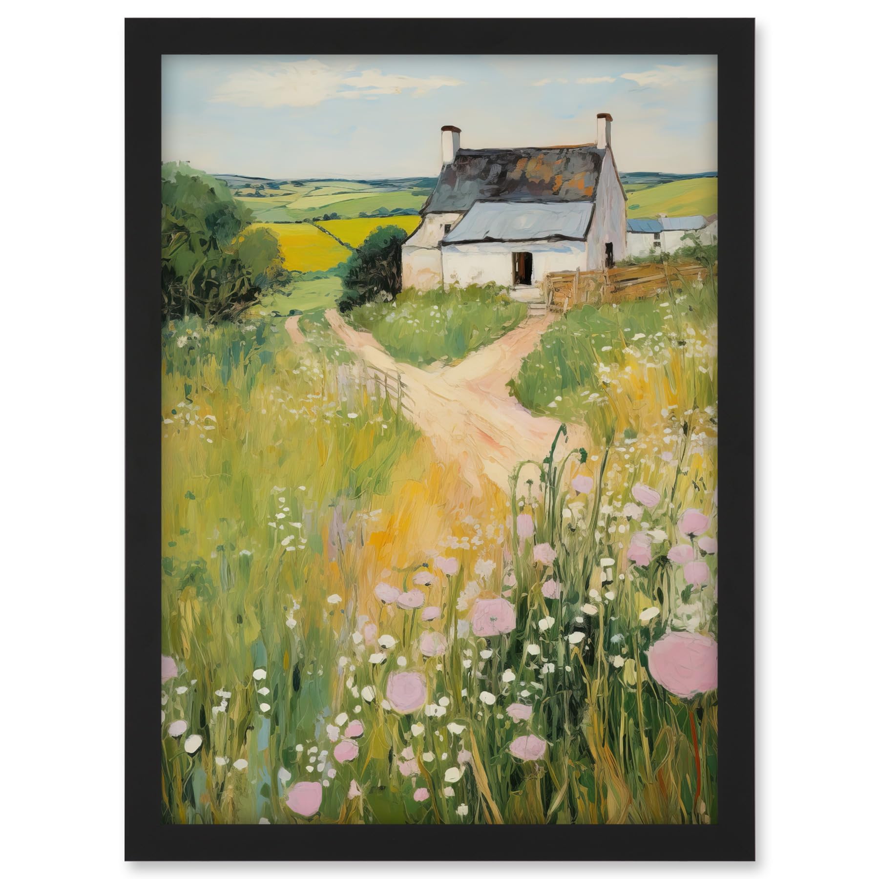 Artery8 Country Farmhouse Cottage Scene Traditional Landscape Oil Painting Meadows Countryside Summer Artwork Framed A3 Wall Art Print