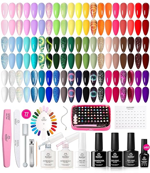 Beetles Gel Nail Polish Set, 77 Pcs 60 Colors Cat Eye Gel Nail Kit, Spring Red Nude White Polish Nail Kit with Base Top Coat UV DIY Art Tool Home Gifts for Women