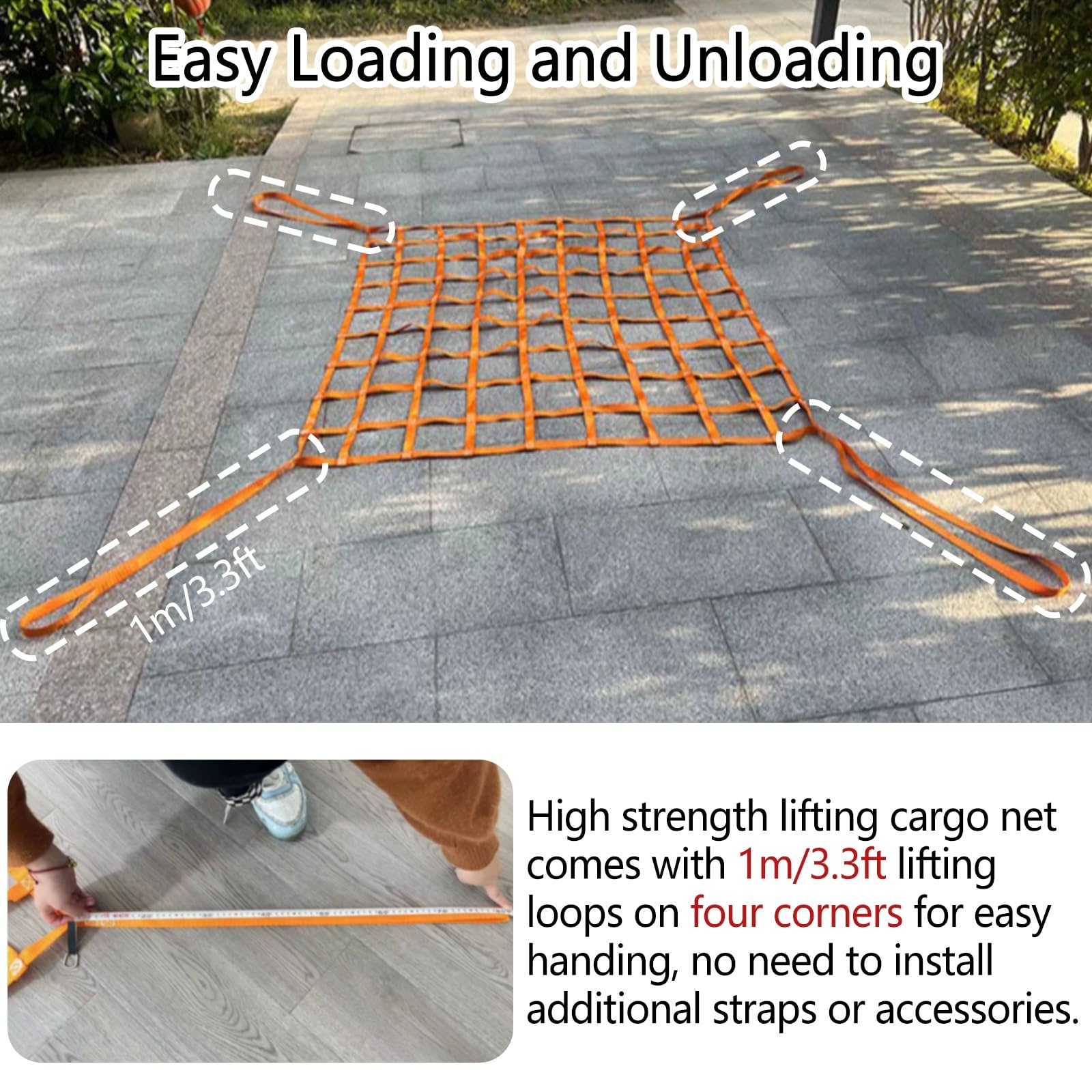 Rete di carico Resistente per Sollevamento, capacità di carico 300 kg, Cinghie di Sollevamento antistrappo, Lunghezza 1,5 m, Maglia 10 cm per edilizia, Traino e carichi Pesanti.