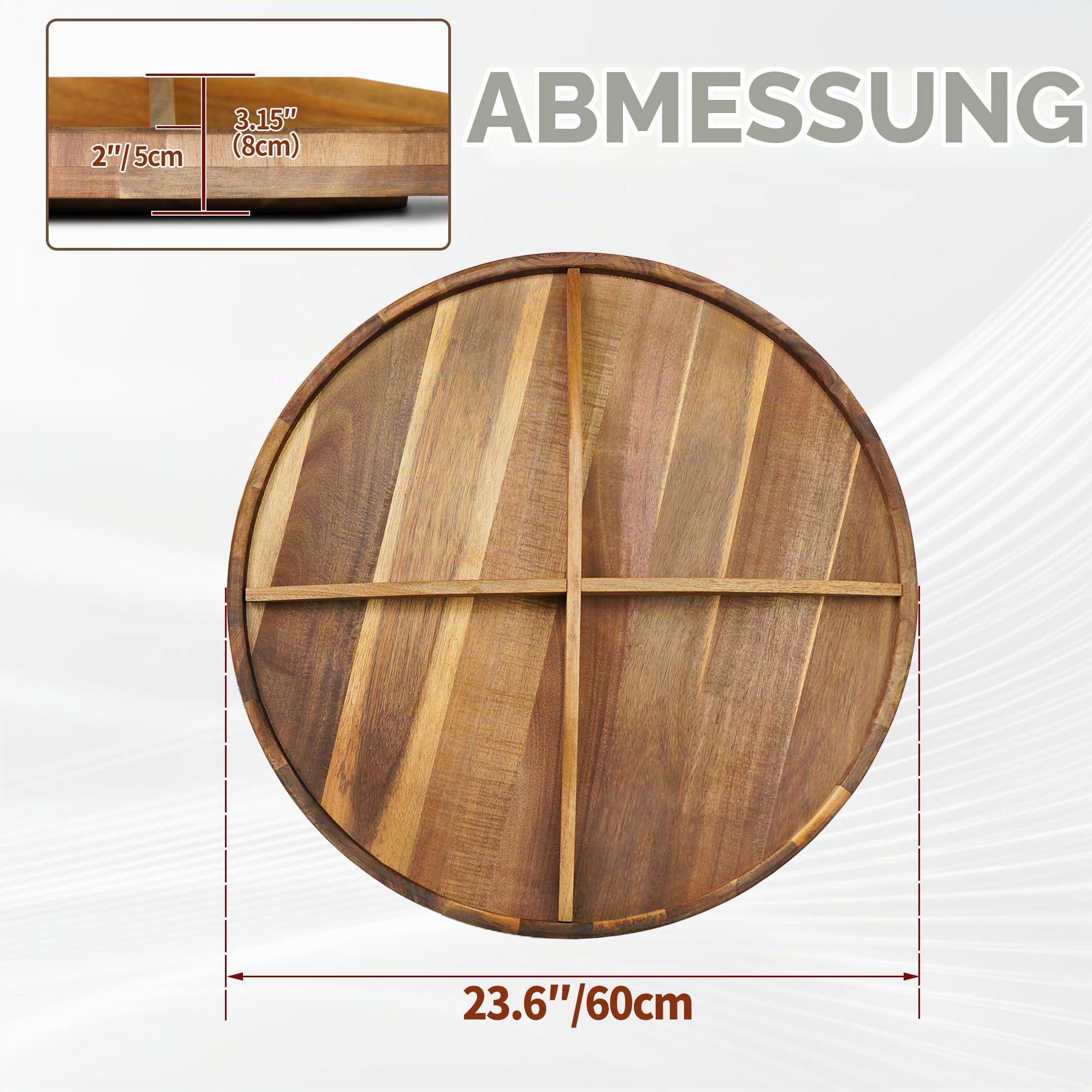 Utoplike Extra großes Serviertablett aus Akazienholz,Drehbar,60 cm | Rundes Charcuterie-Brett, Käsebrett mit drehbarem Sockel und erhöhtem Rand