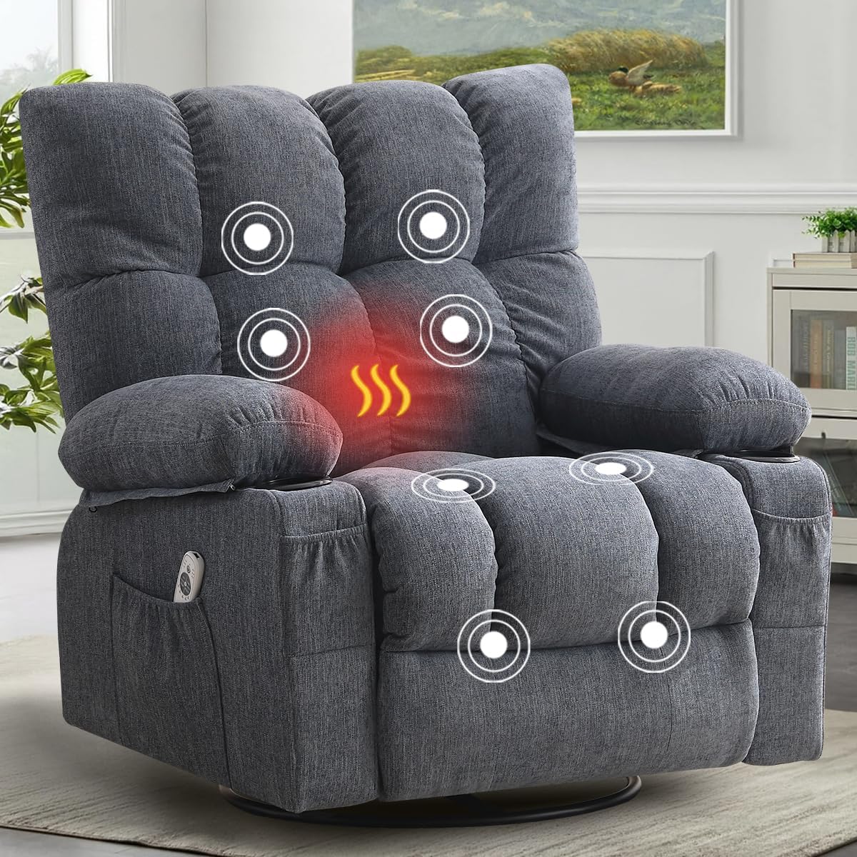 Bosmiller Massage Recliner Chair, Swivel Rocking Recliner with Heat and Vibration, Ergonomic Sofa Chair with Cup Holders