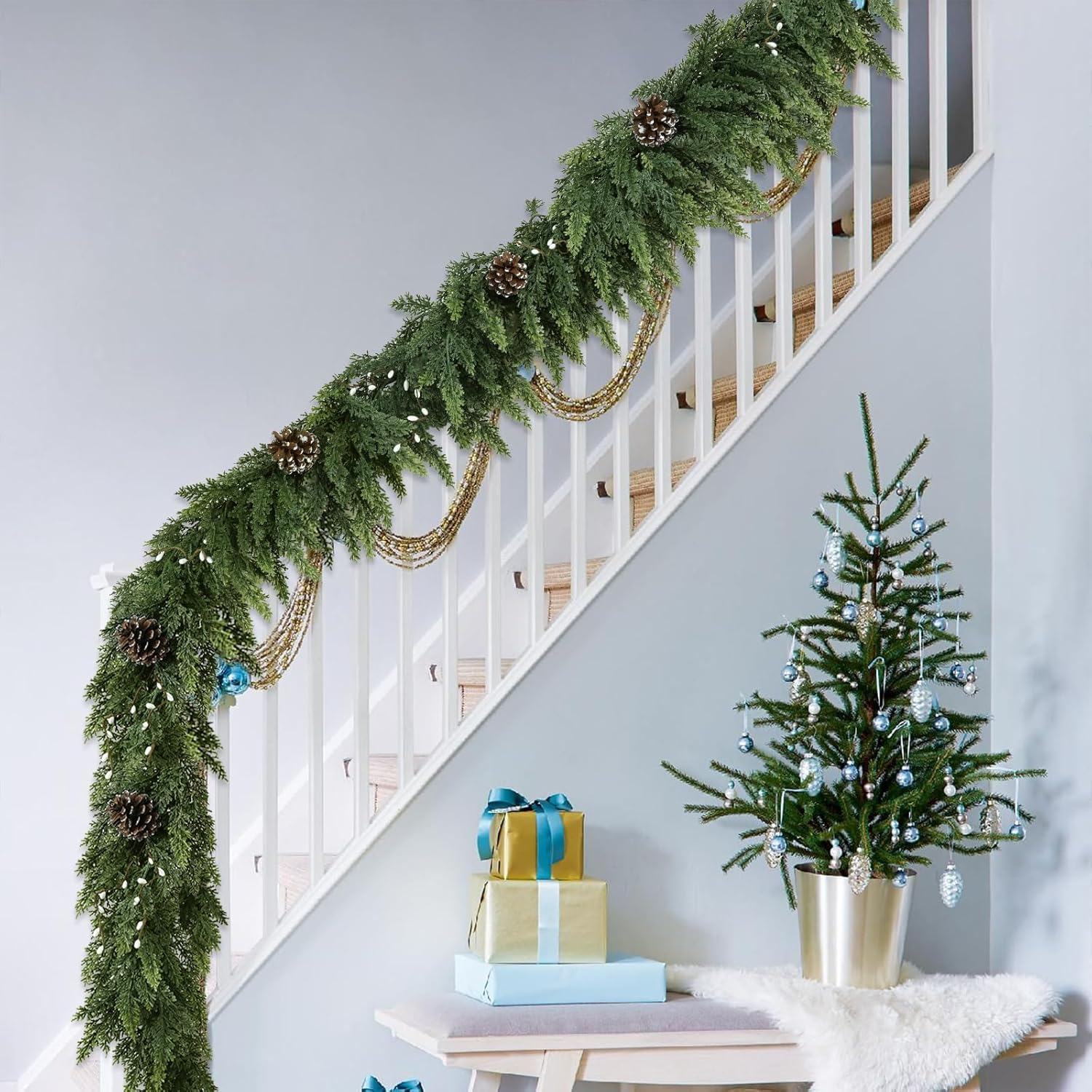 Realistic Christmas Garland for Mantle 6FT Real Touch Thick/Lush Artificial Cedar Garlands with Pine Cones/White Berries Decorations Indoor Christmas Garland for Stairs Railing Outdoor Holiday Decor - Image 7