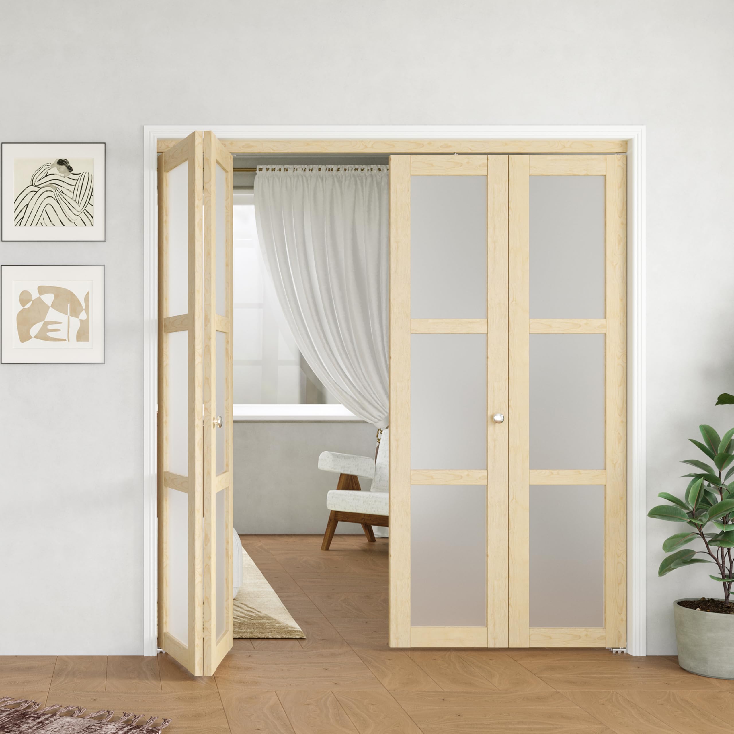 BARNER HOME Bifold Door, for 72"x 80" Opening, 3-lite Tempered Frosted Glass Panel with Hardware Kits, Pine Wood Natural Multifold Interior Folding
