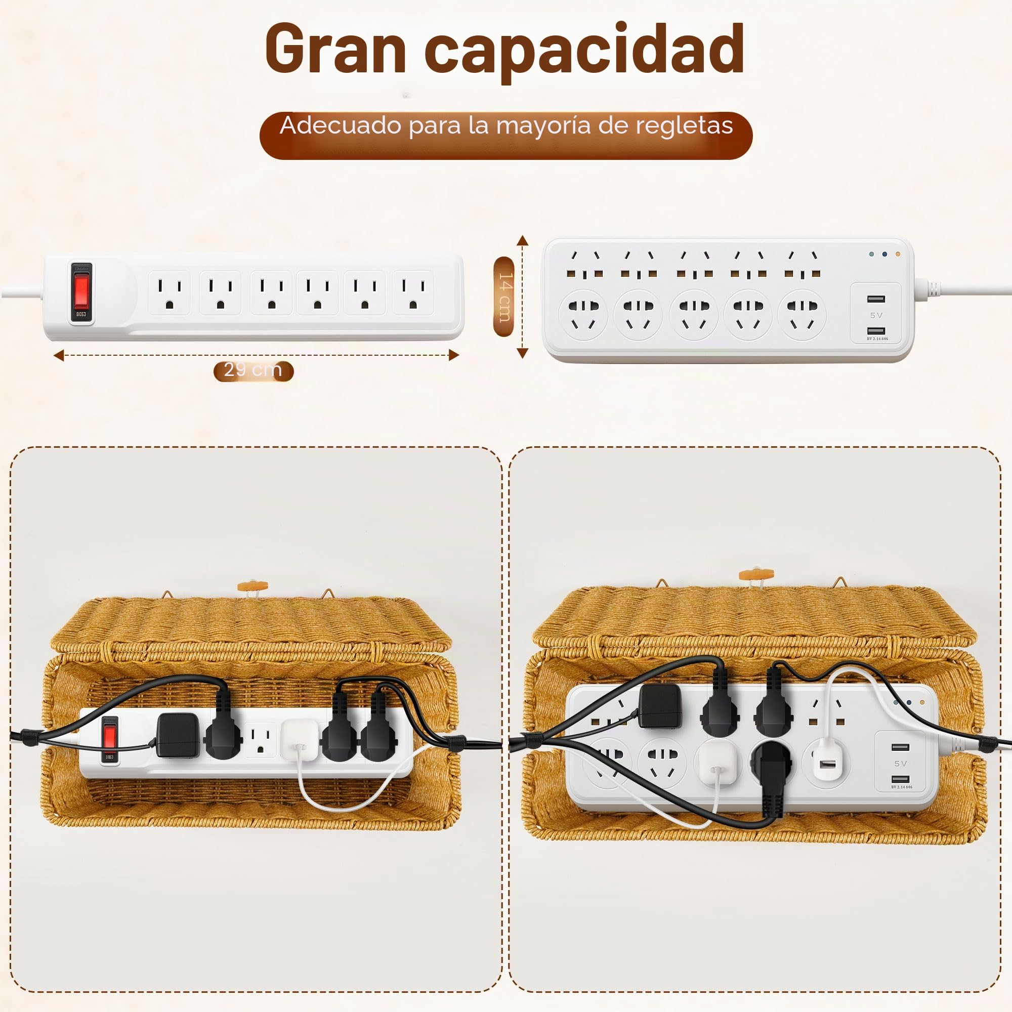 Gucass Juego de 2 Organizadora Cables de Ratán, Cajas Guarda Cables con Tapa, Caja para Cables con 10 Bridas, Organizador Cables Caja para Ocultar Regletas de Enchufes y Cables, para Oficina, Hogar