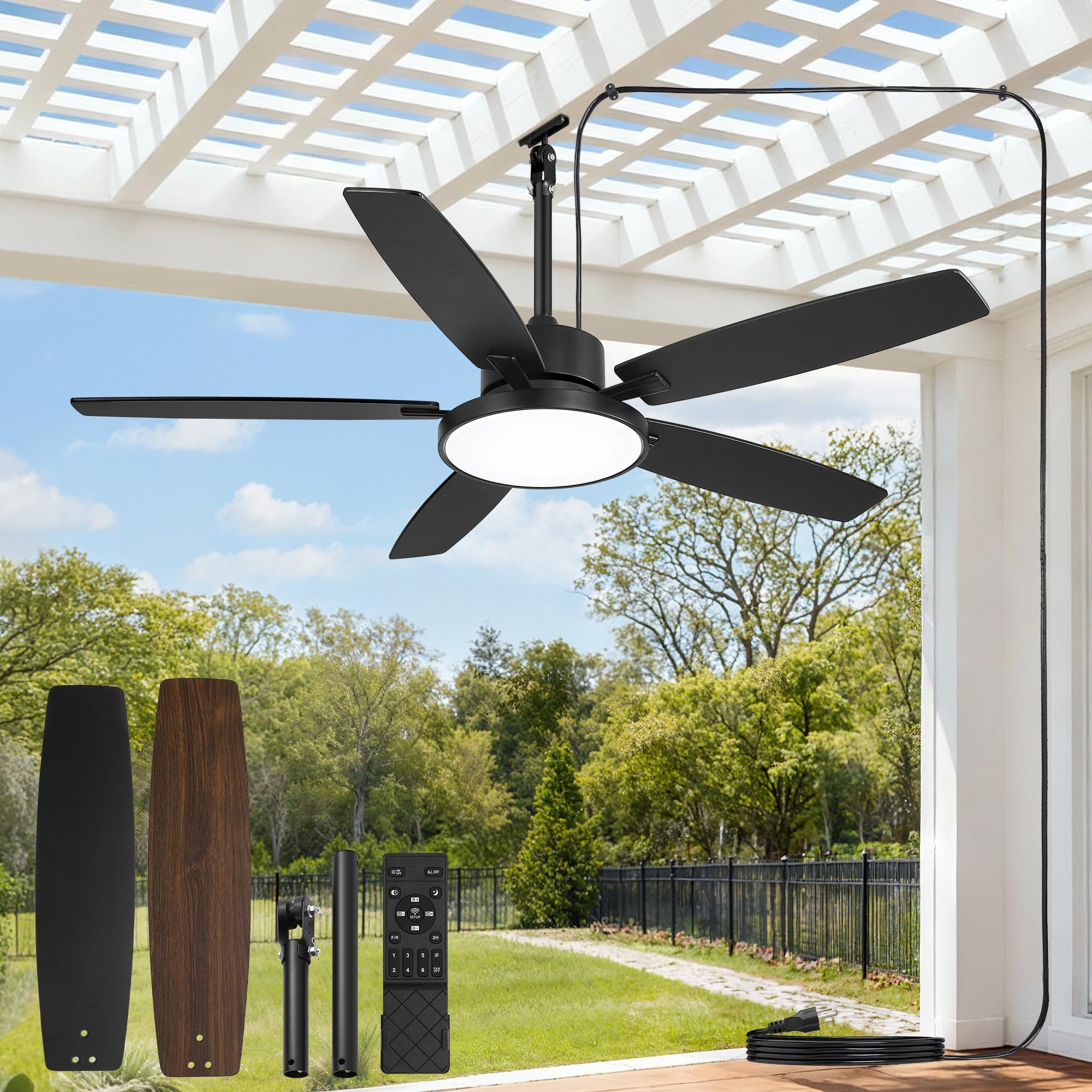 Fanbulous - Ventiladores de techo para exteriores de 52 pulgadas con luz y mando a distancia, IP65 con motor de CC de 6 velocidades, ventilador de cenador de granja para porche y pabellón (negro)