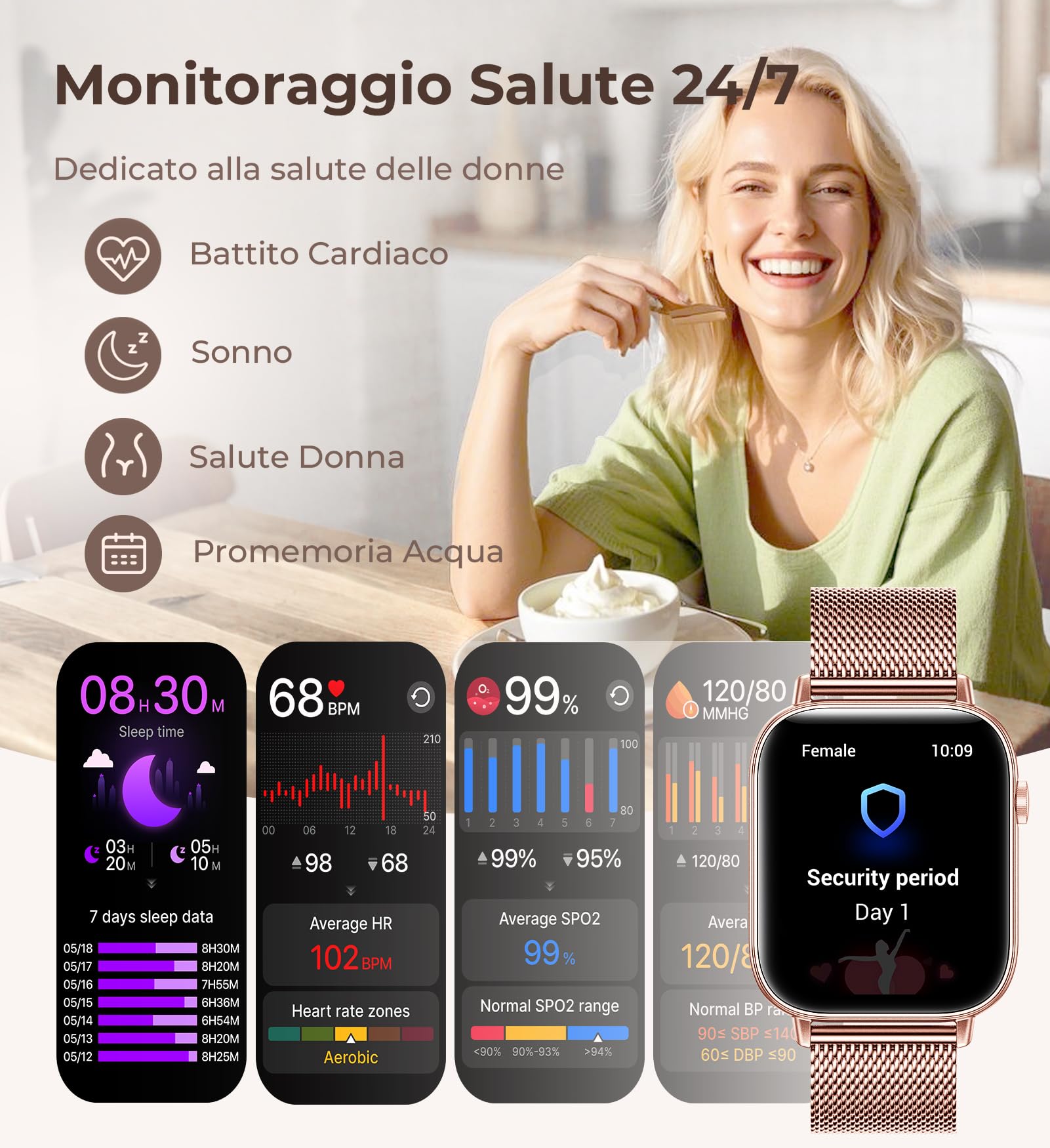 Iaret Smartwatch Donna, 4 Cinturini & Collana Regalo, 1.83" Orologio Chiamate HD, 110+ Sport Fitness Tracker, Monitoraggio Sonno/Frequenza Cardiaca/Ciclo/Contapassi, per iPhone/Android, Oro Rosa
