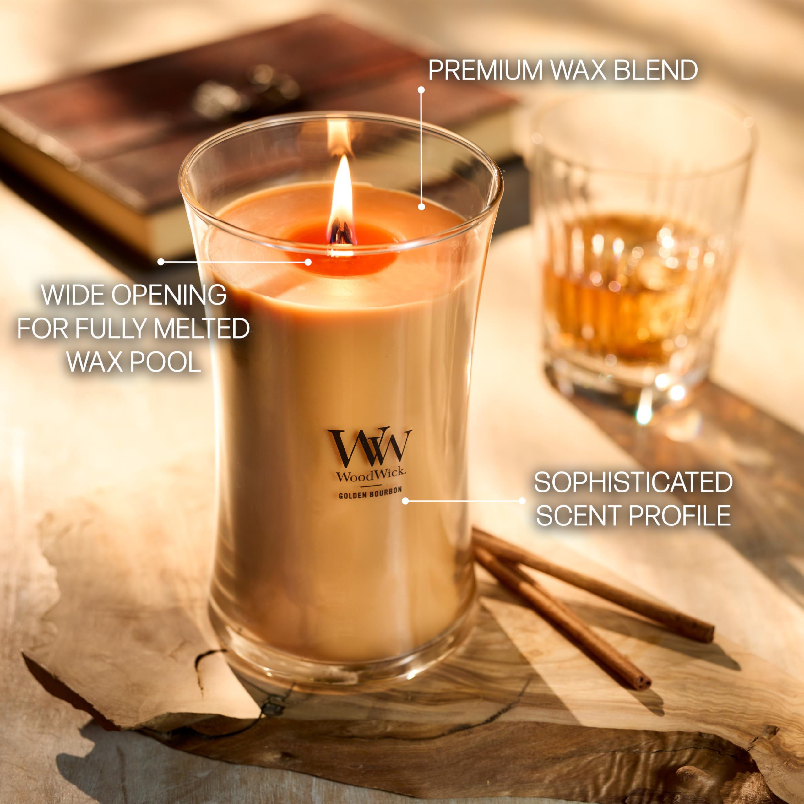 Candela profumata WoodWick con stoppino scoppiettante | Candela clessidra grande Golden Bourbon | Candele a lunga combustione: Fino a 130 ore | Regali perfetti per le donne