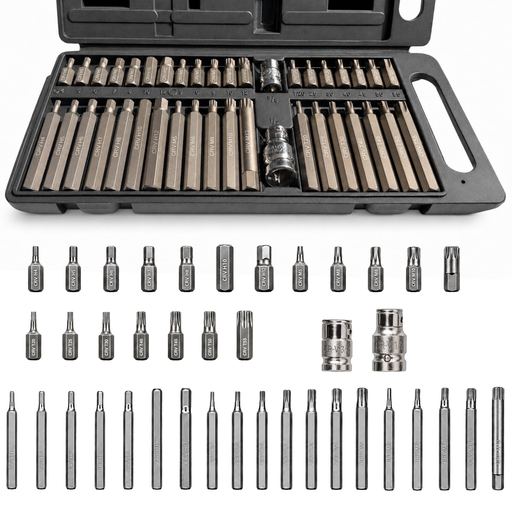 Vandal Multi-Tooth Socket Set 40-Piece Torx Bit Set Xzn Spline Internal Spline 12-Point Hexagonal Socket Spanner Set T20 T25 T30 T40 T45 T50 T55 H4 H5 H6 H7 H8 H10 H12 M5 M6 M8 M11 0 M12 M1/2 3/8 Inch